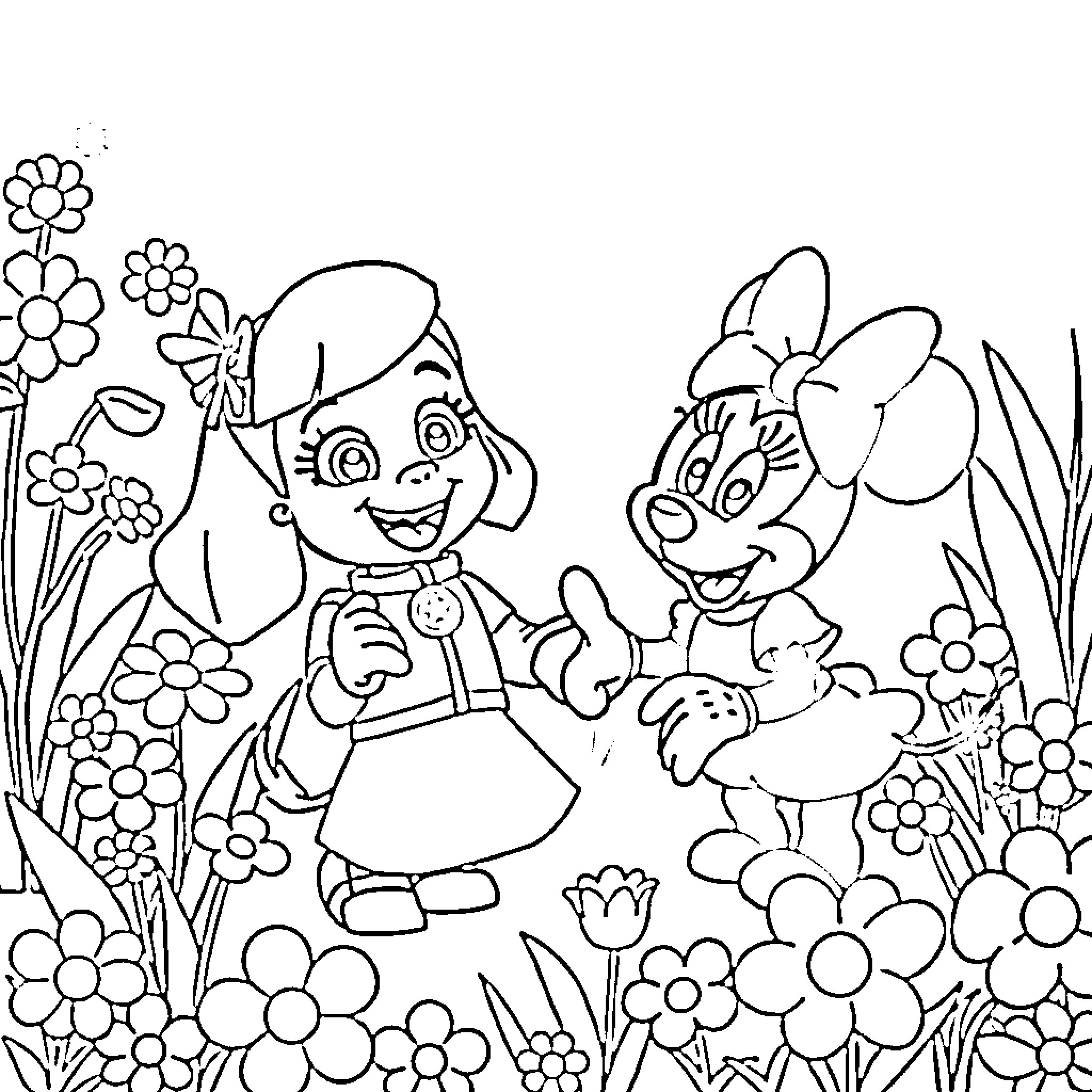 Skye enjoys a playful day with friends in the garden Coloring Page (free black-and-white line drawing printable PDF for all, from beginners to advanced learners, including children, teens, adults, and seniors)