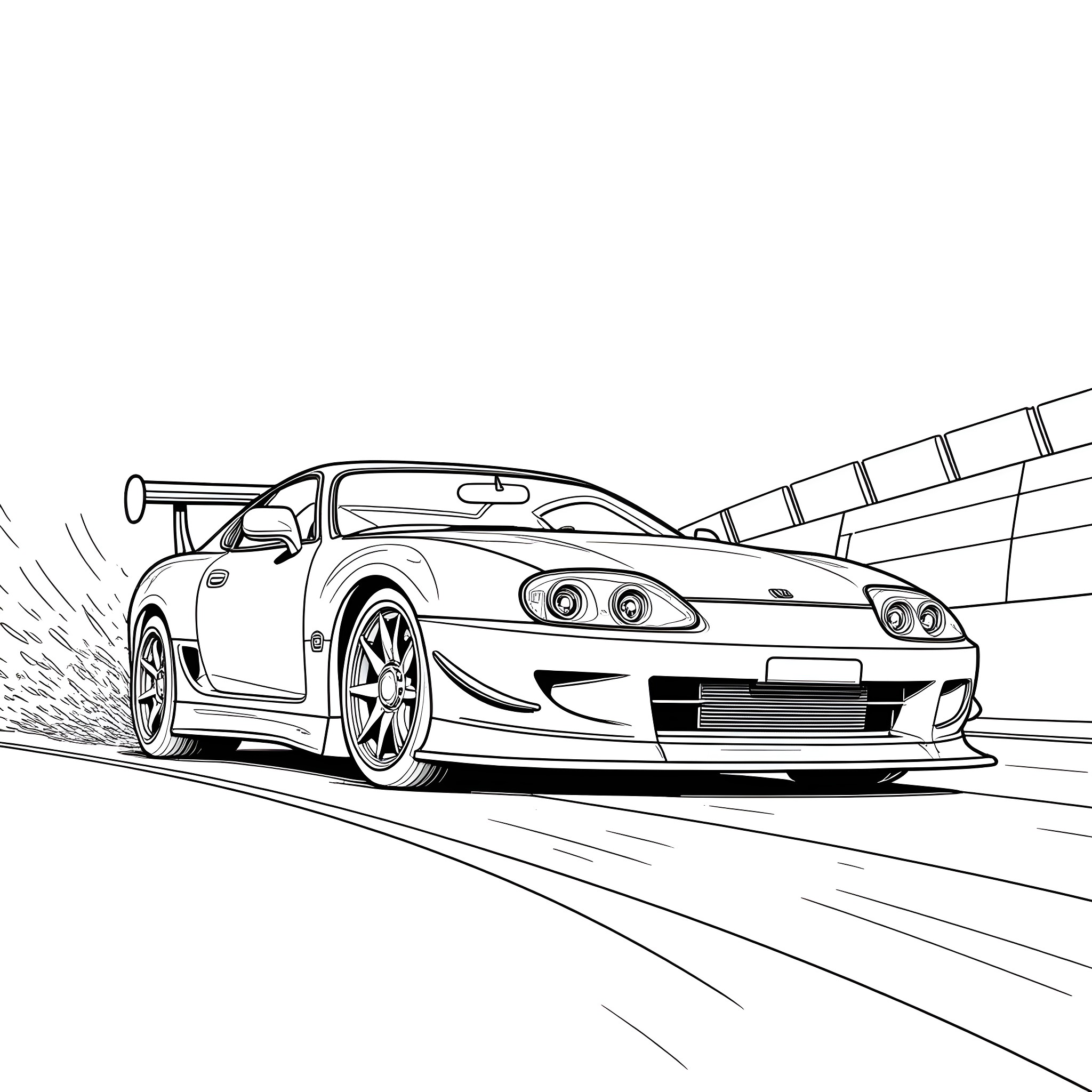 MK4 Supra racing on the track Coloring Page (free black-and-white line drawing printable PDF for all, from beginners to advanced learners, including children, teens, adults, and seniors)