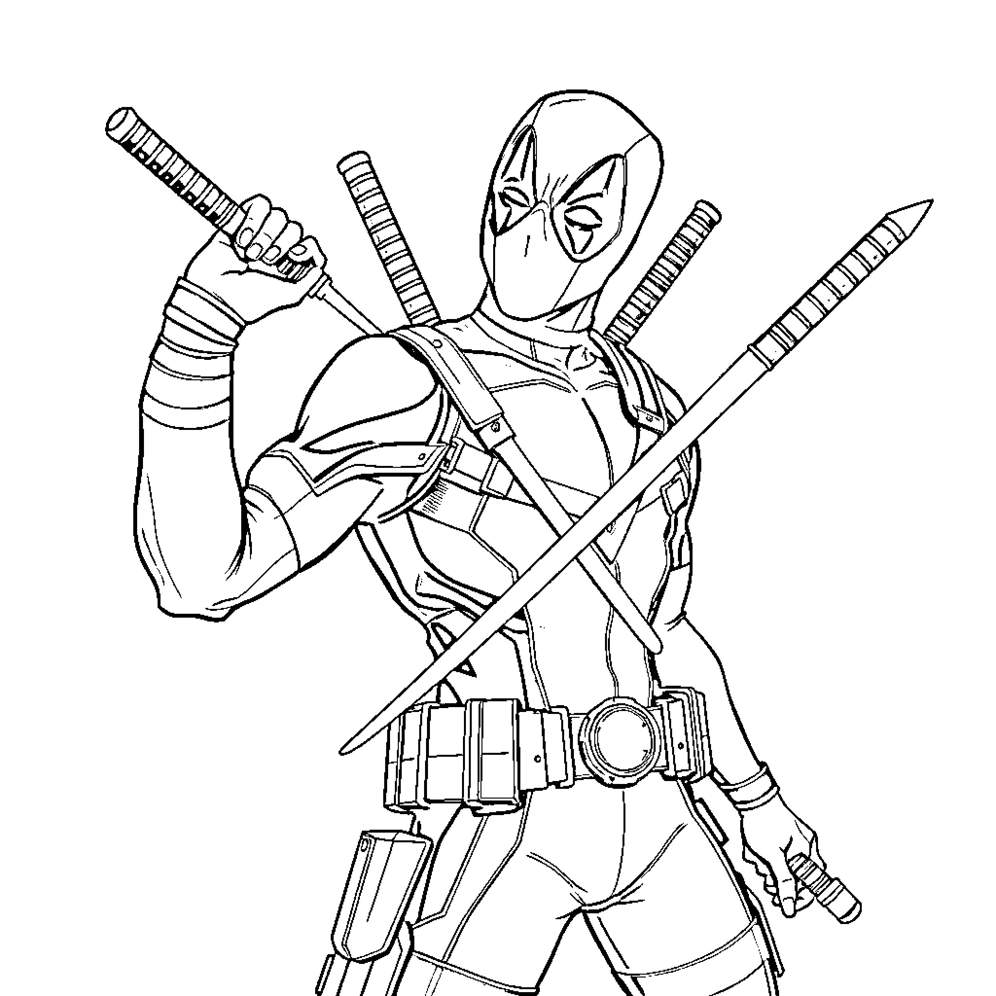 Deadpool wielding multiple swords in action pose Coloring Page (free black-and-white line drawing printable PDF for all, from beginners to advanced learners, including children, teens, adults, and seniors)