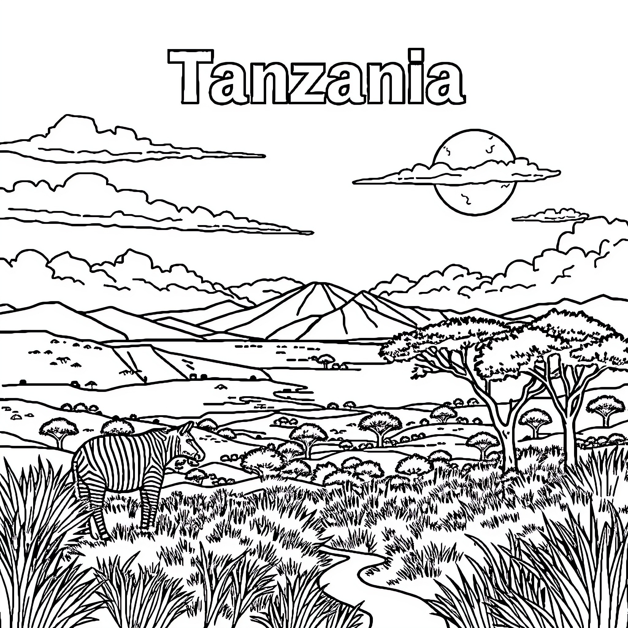 Tanzania serene landscape with wildlife and scenery Coloring Page (free black-and-white line drawing printable PDF for all, from beginners to advanced learners, including children, teens, adults, and seniors)