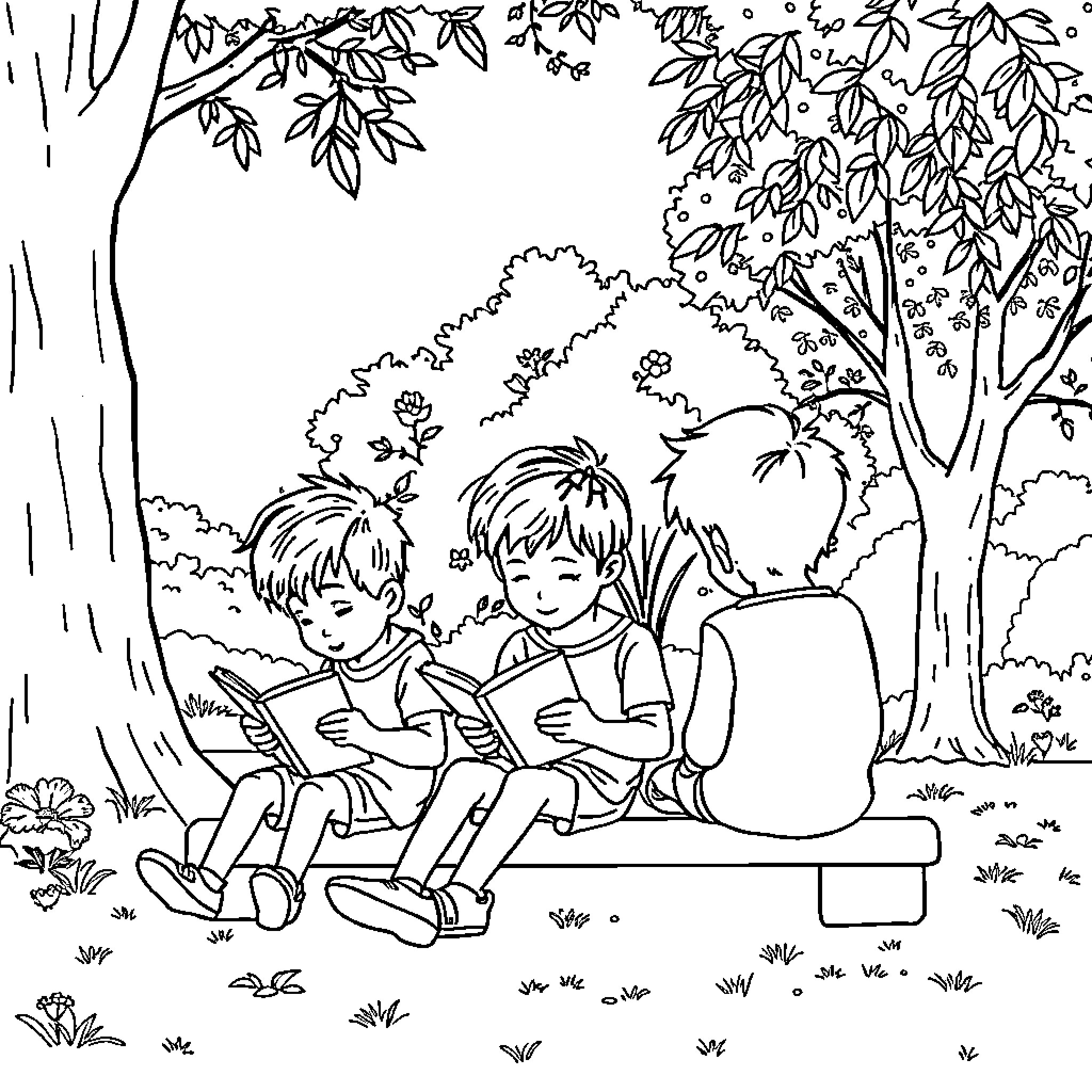Niños leyendo libros en el parque Coloring Page (free black-and-white line drawing printable PDF for all, from beginners to advanced learners, including children, teens, adults, and seniors)