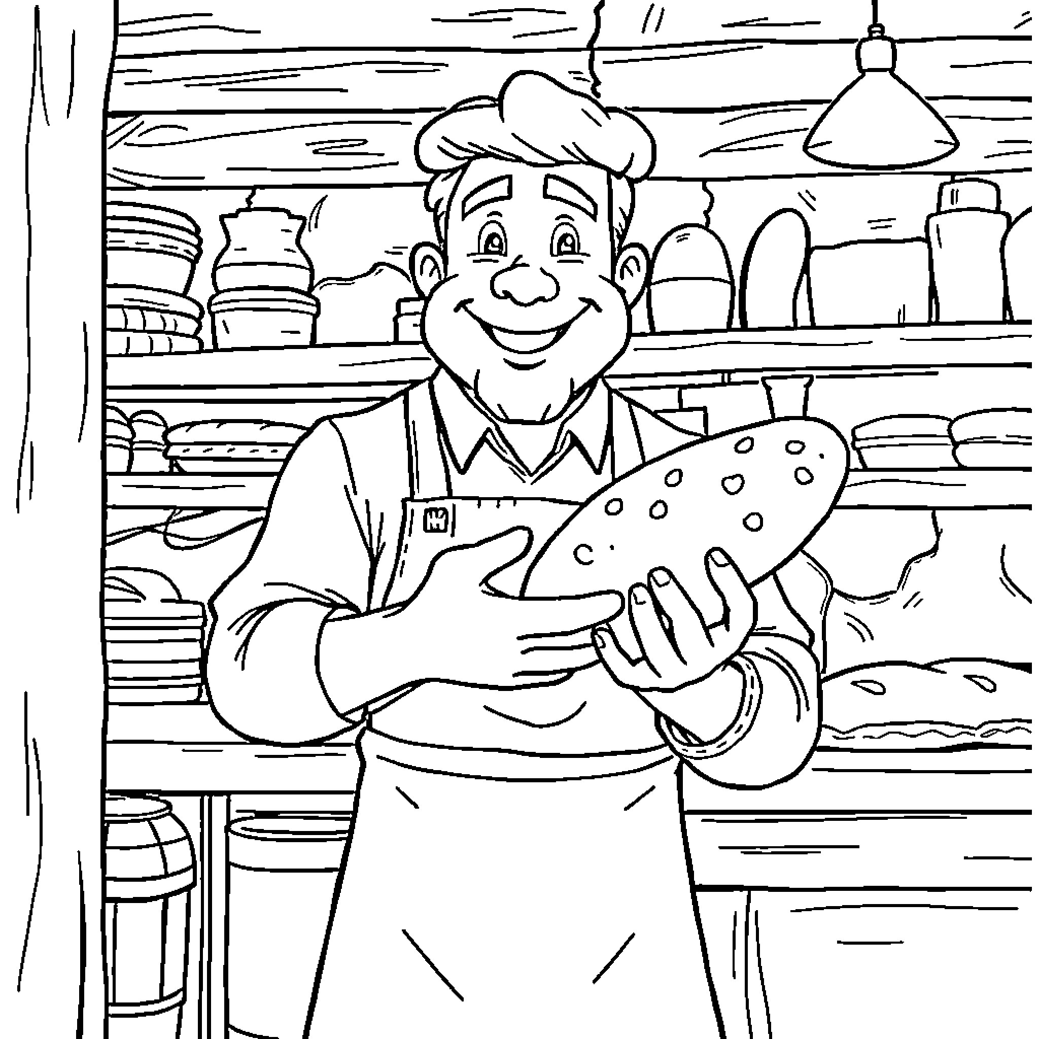 Bread Baker Displaying His Fresh Baked Goods Coloring Page (free black-and-white line drawing printable PDF for all, from beginners to advanced learners, including children, teens, adults, and seniors)