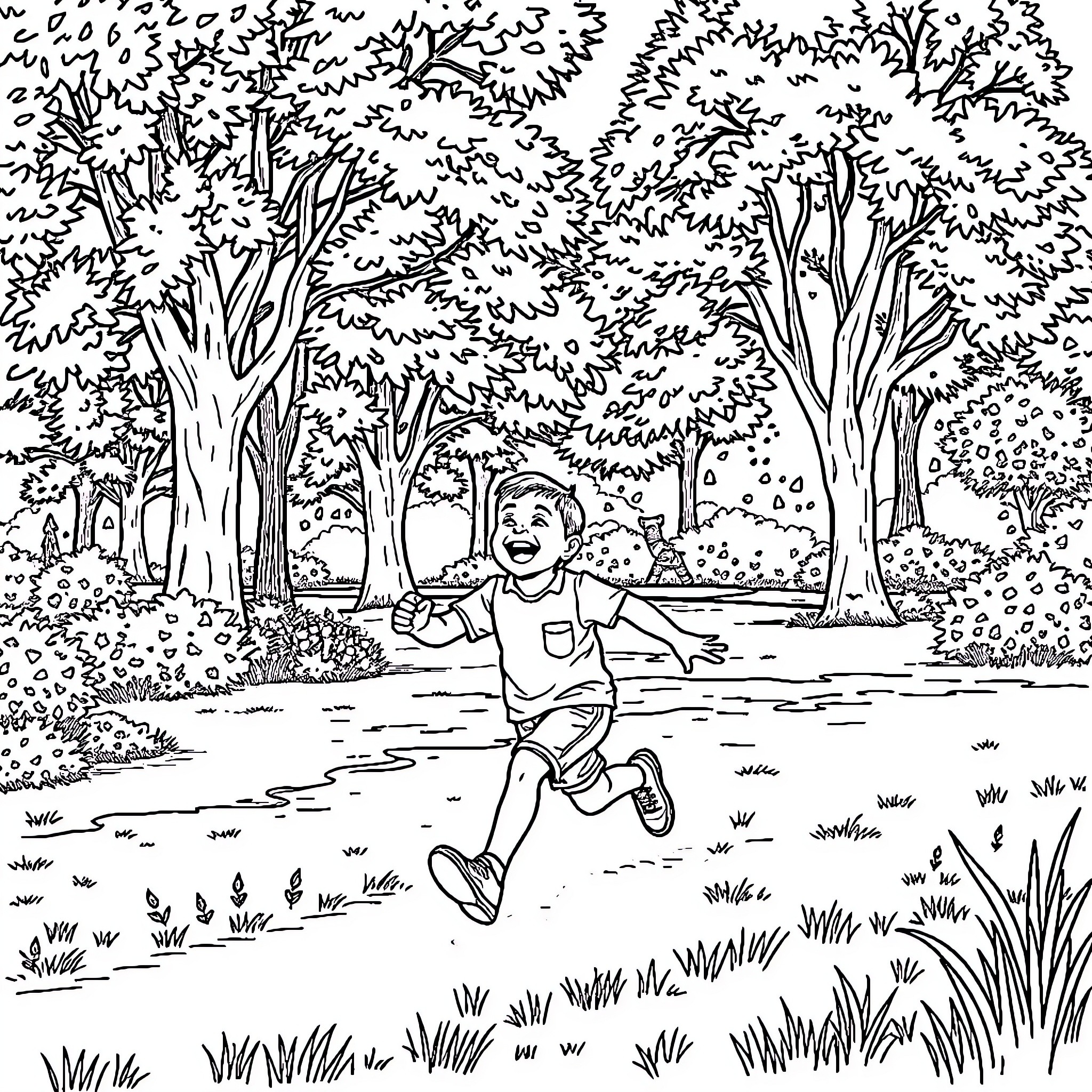 Boy running happily through the forest Coloring Page (free black-and-white line drawing printable PDF for all, from beginners to advanced learners, including children, teens, adults, and seniors)