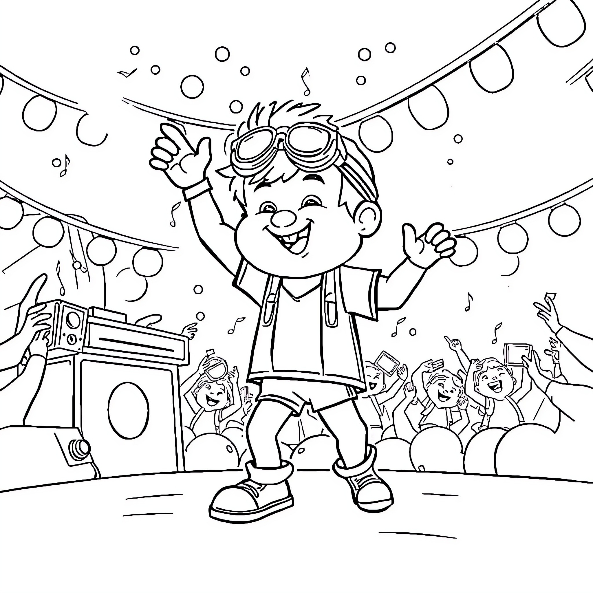 Benjamin Blümchen performing and entertaining a crowd Coloring Page (free black-and-white line drawing printable PDF for all, from beginners to advanced learners, including children, teens, adults, and seniors)