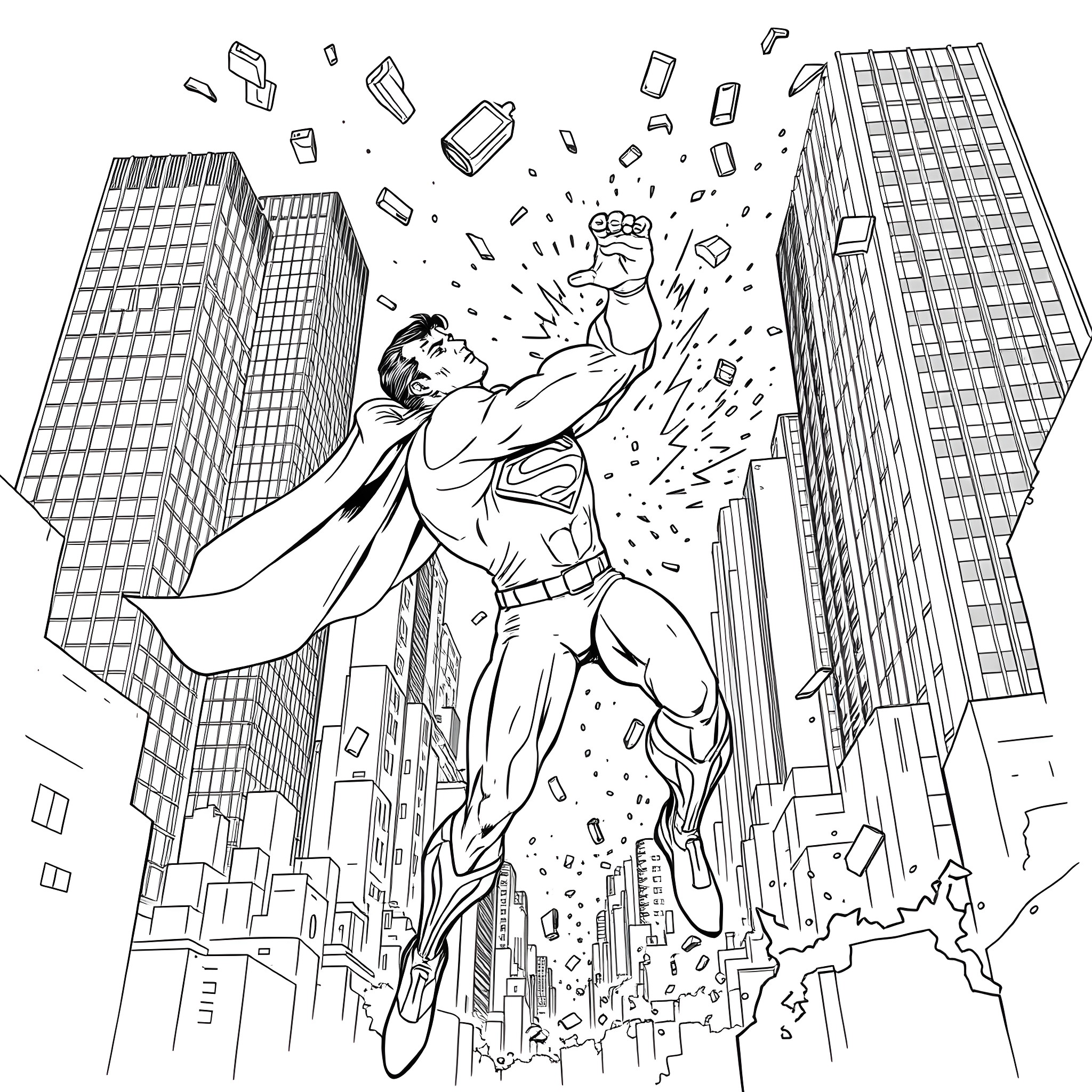 Superman Saving the City from Chaos Coloring Page (free black-and-white line drawing printable PDF for all, from beginners to advanced learners, including children, teens, adults, and seniors)