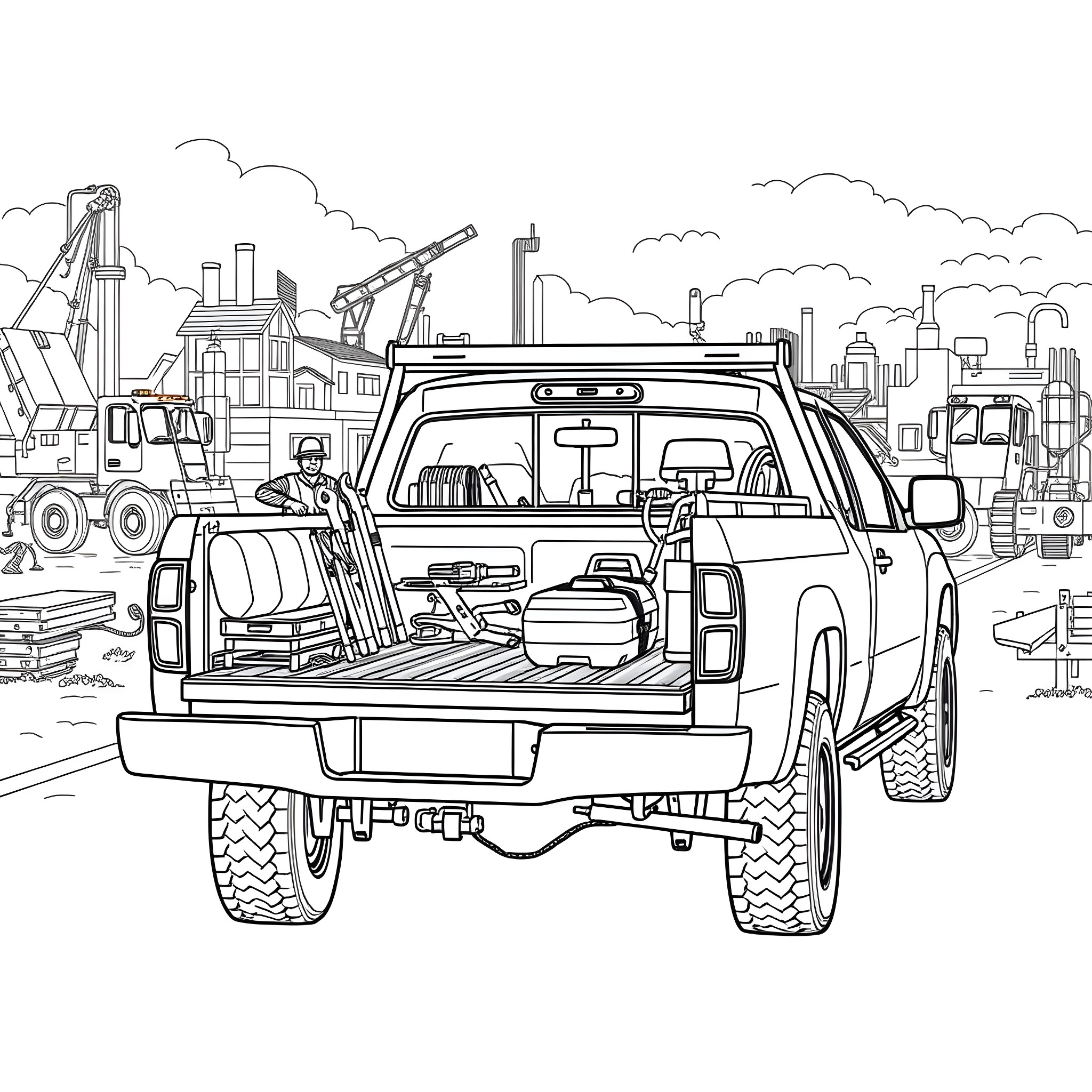Pickup truck loaded with construction equipment Coloring Page (free black-and-white line drawing printable PDF for all, from beginners to advanced learners, including children, teens, adults, and seniors)