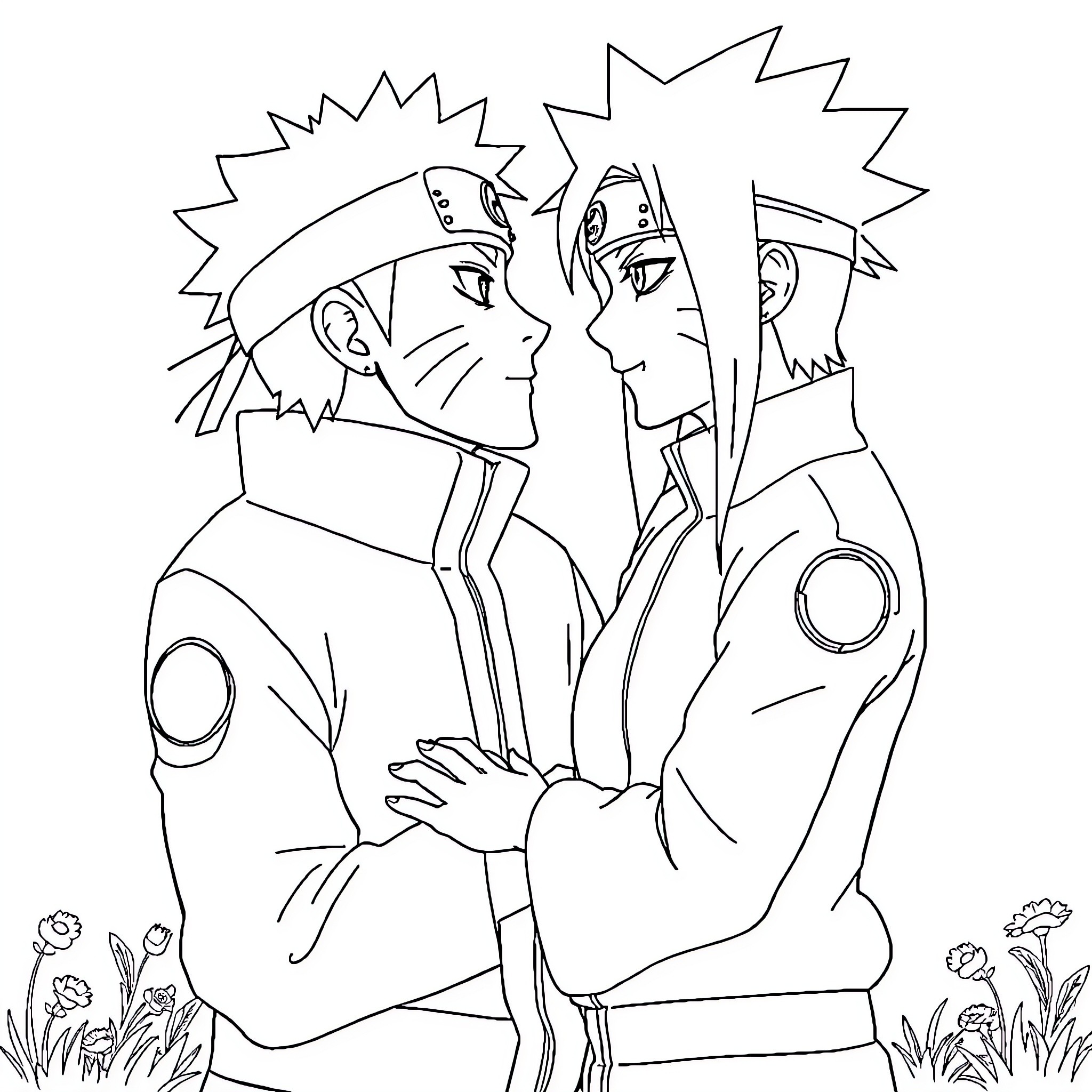 Naruto characters in confrontation with intense expressions Coloring Page (free black-and-white line drawing printable PDF for all, from beginners to advanced learners, including children, teens, adults, and seniors)