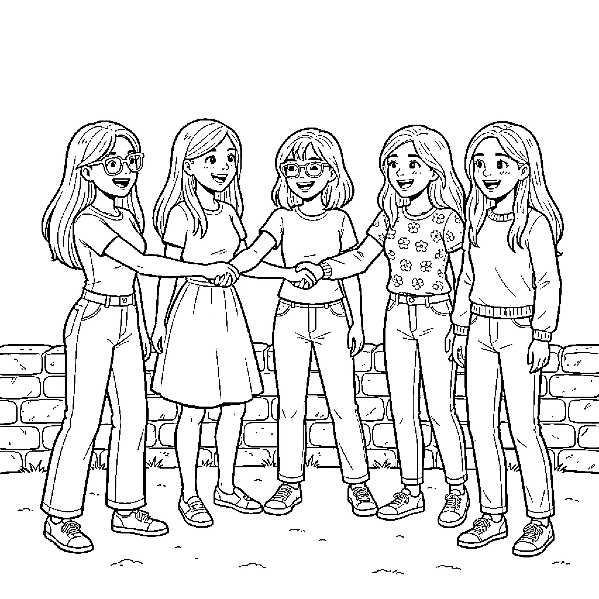 Fille friends enjoying time together Coloring Page (free black-and-white line drawing printable PDF for all, from beginners to advanced learners, including children, teens, adults, and seniors)