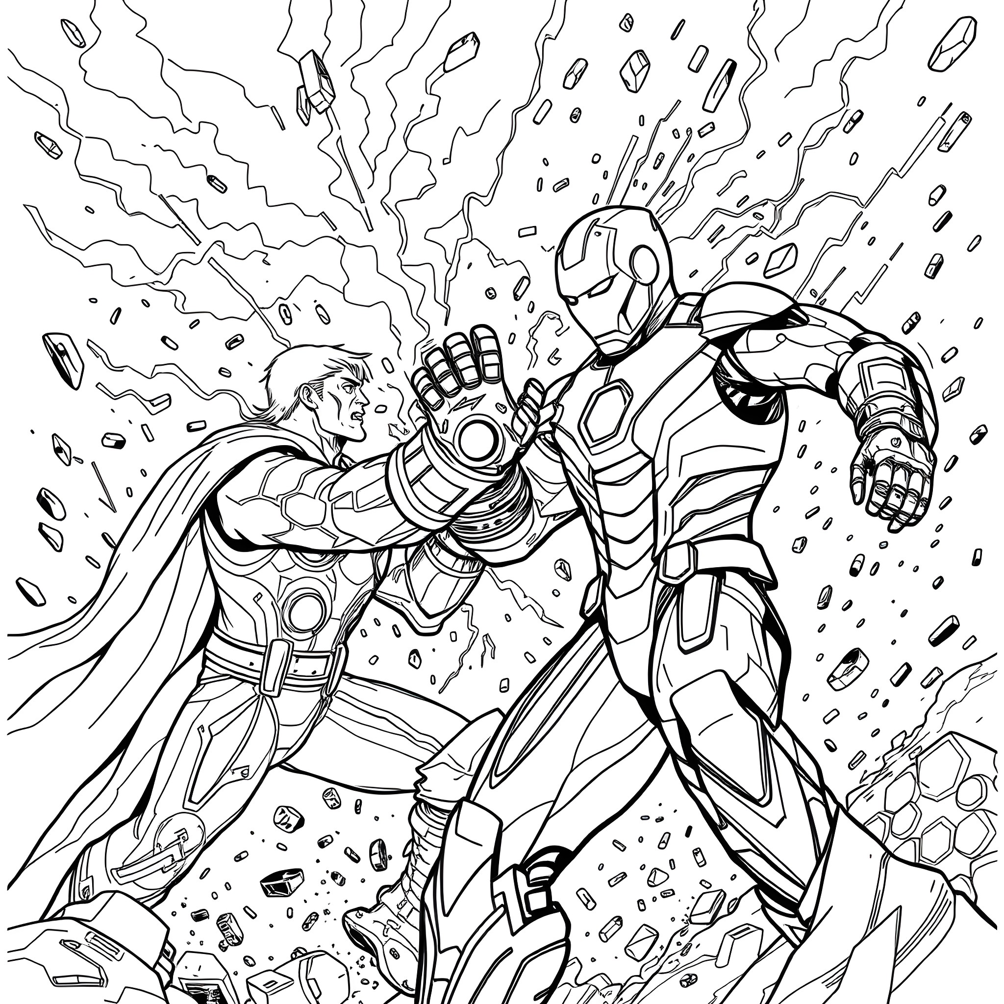 Iron Man in heroic battle pose with dramatic energy effects Coloring Page (free black-and-white line drawing printable PDF for all, from beginners to advanced learners, including children, teens, adults, and seniors)