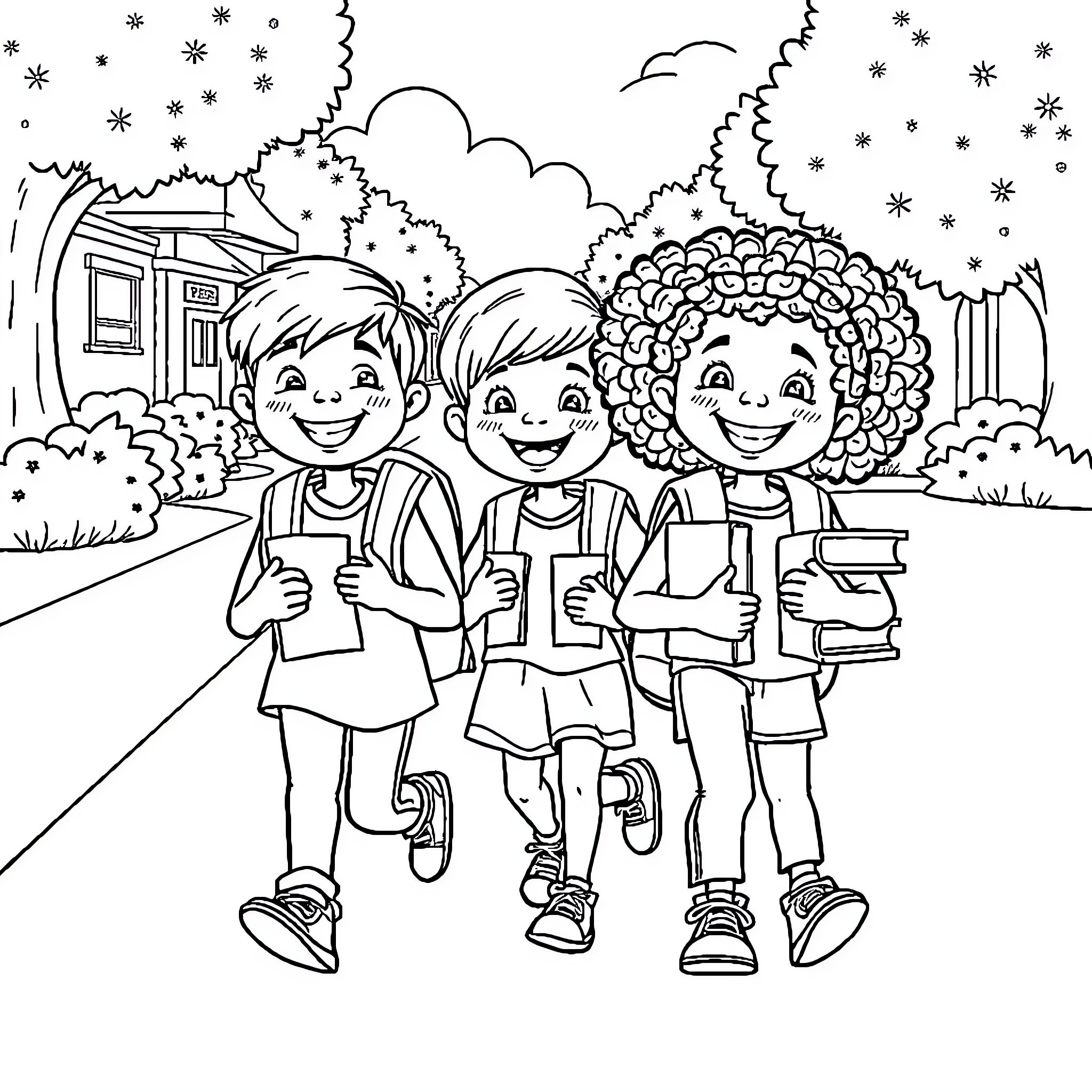 Kid Friends Playing Happily in Neighborhood Coloring Page (free black-and-white line drawing printable PDF for all, from beginners to advanced learners, including children, teens, adults, and seniors)