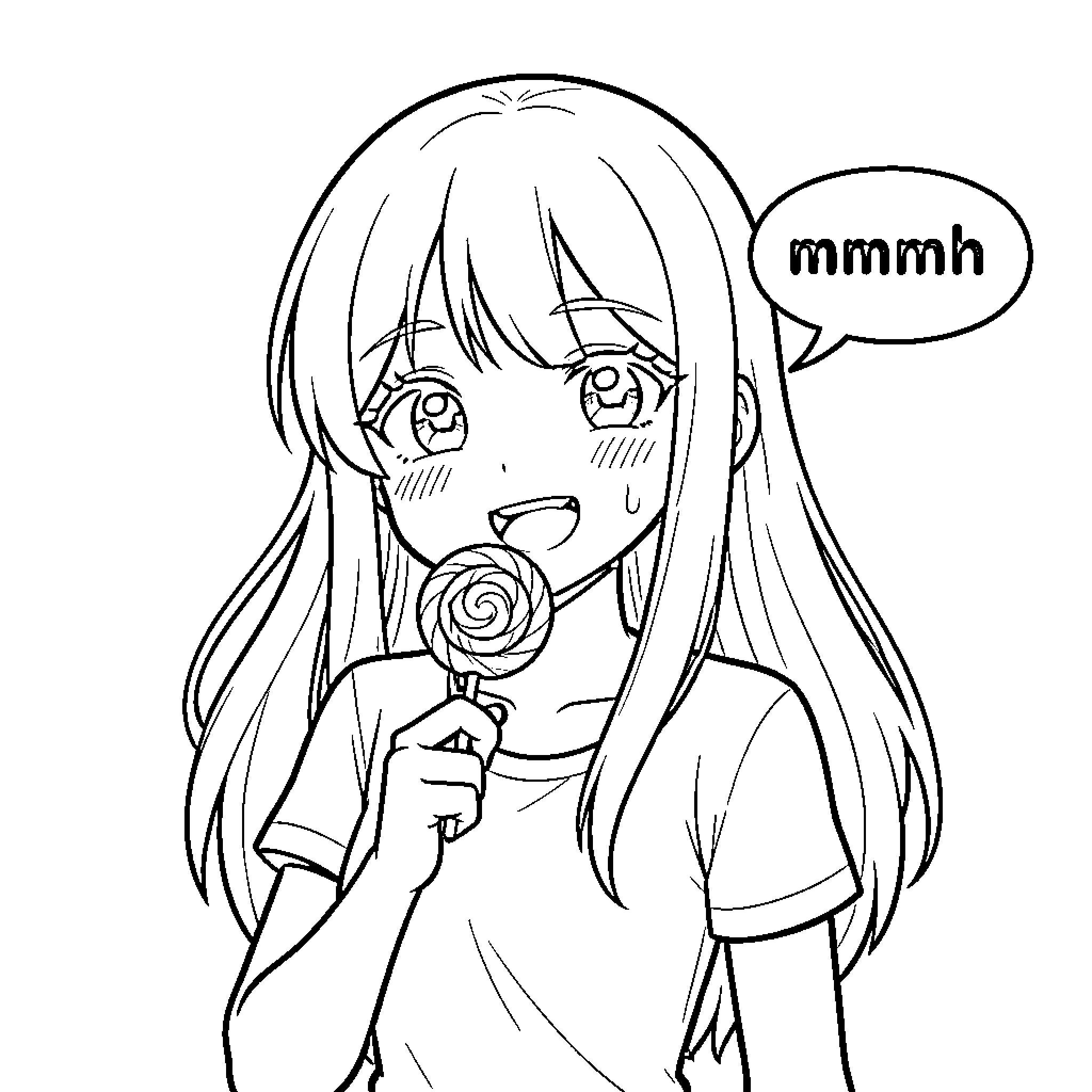 Anime Girl happily eating a large lollipop Coloring Page (free black-and-white line drawing printable PDF for all, from beginners to advanced learners, including children, teens, adults, and seniors)