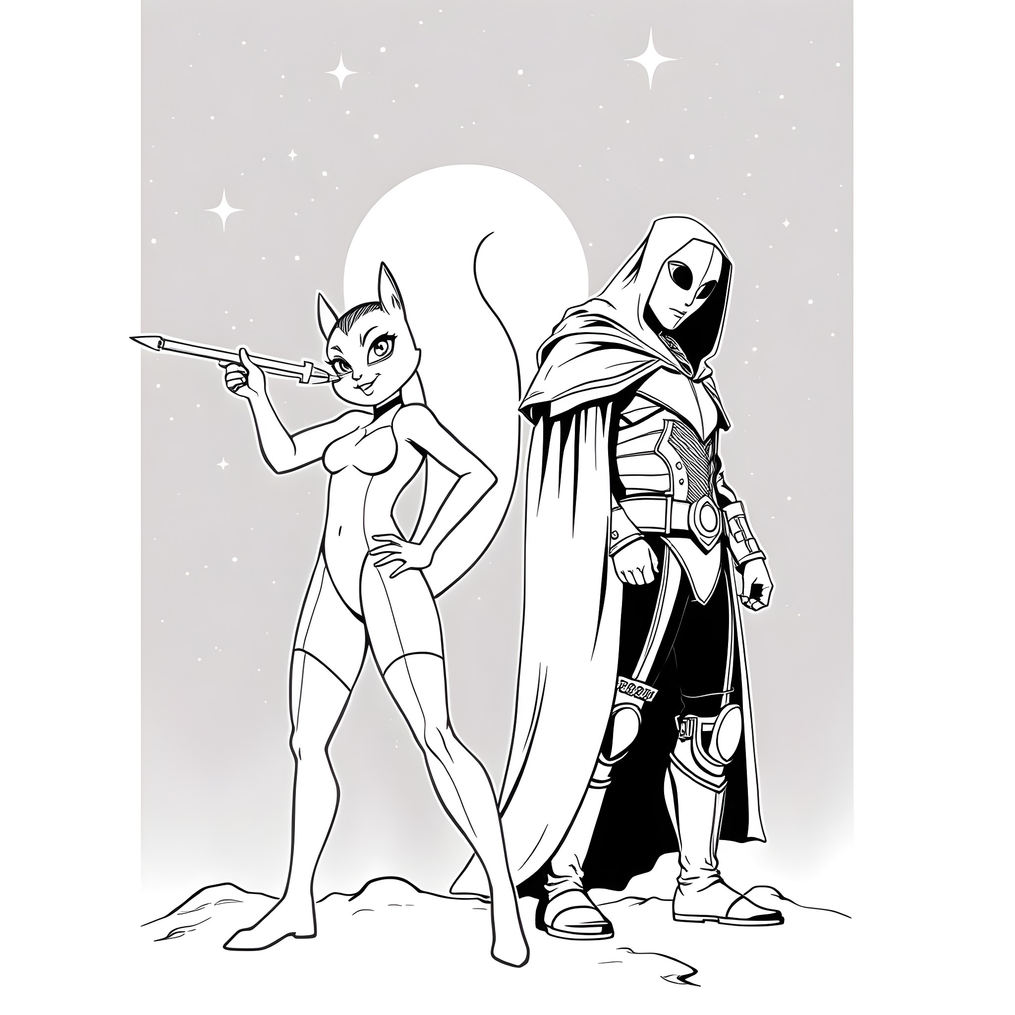 Squirrel Girl and her mysterious companion in a starry night Coloring Page (free black-and-white line drawing printable PDF for all, from beginners to advanced learners, including children, teens, adults, and seniors)