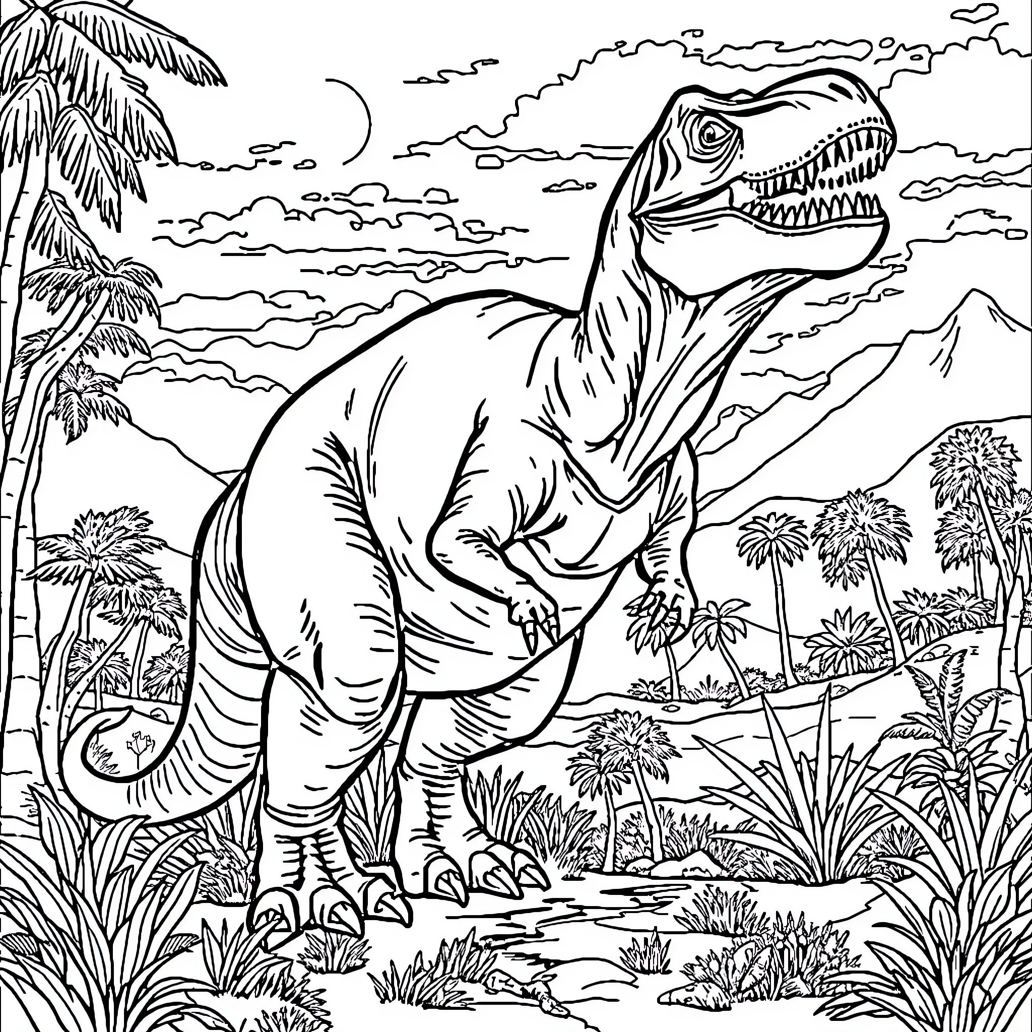 T-Rex Roaring in Prehistoric Landscape Coloring Page (free black-and-white line drawing printable PDF for all, from beginners to advanced learners, including children, teens, adults, and seniors)