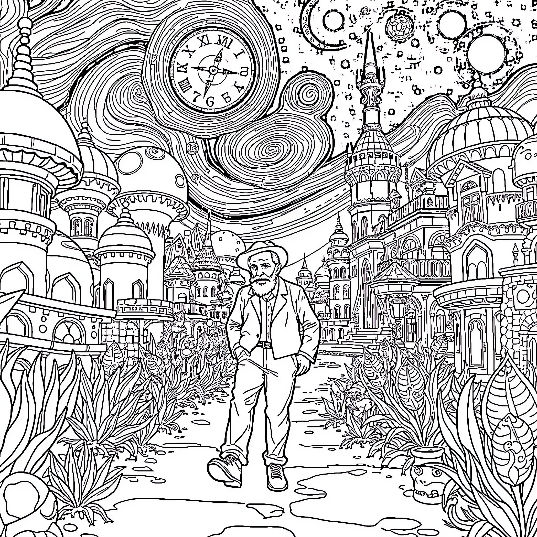 Van Gogh's Surreal and Fantastical Journey Coloring Page (free black-and-white line drawing printable PDF for all, from beginners to advanced learners, including children, teens, adults, and seniors)