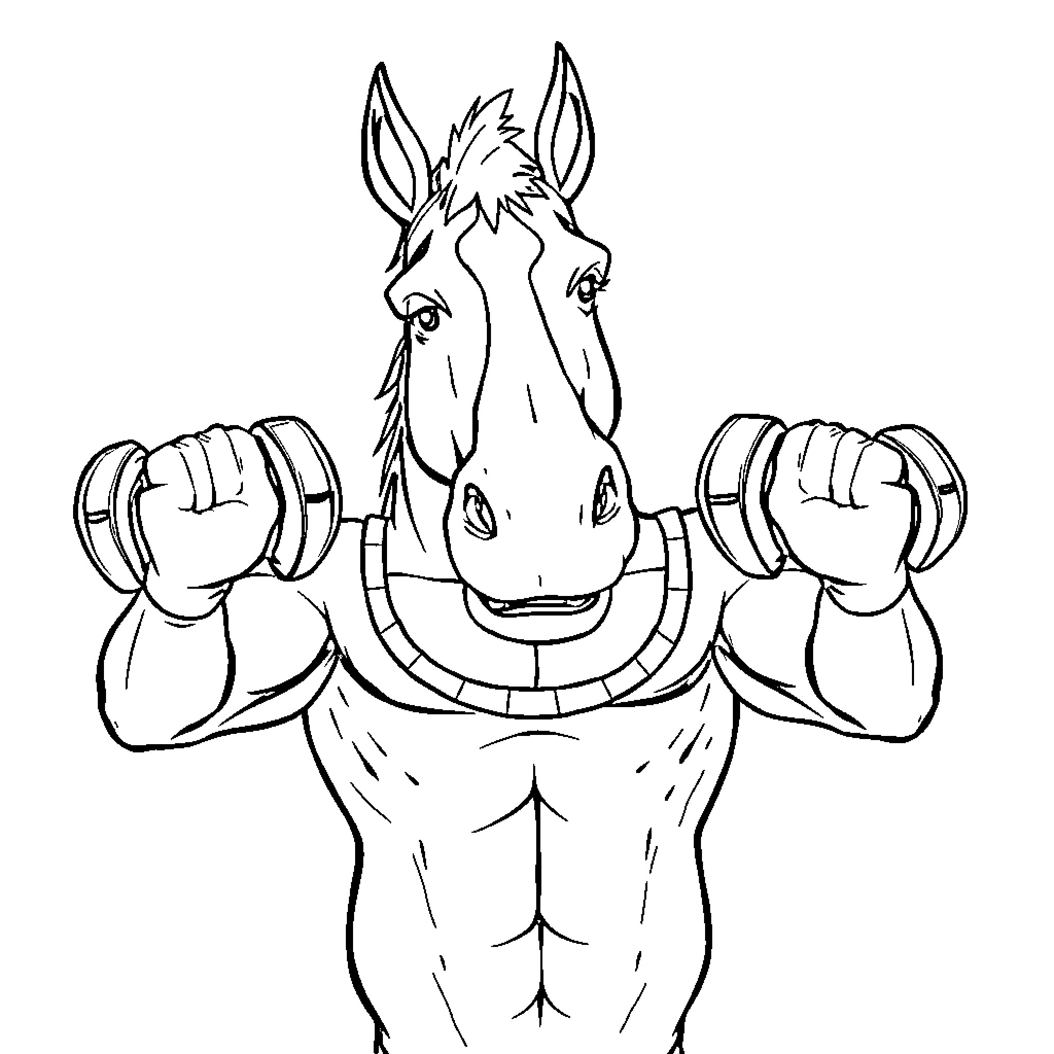 Bojack Horseman working out with weights Coloring Page (free black-and-white line drawing printable PDF for all, from beginners to advanced learners, including children, teens, adults, and seniors)