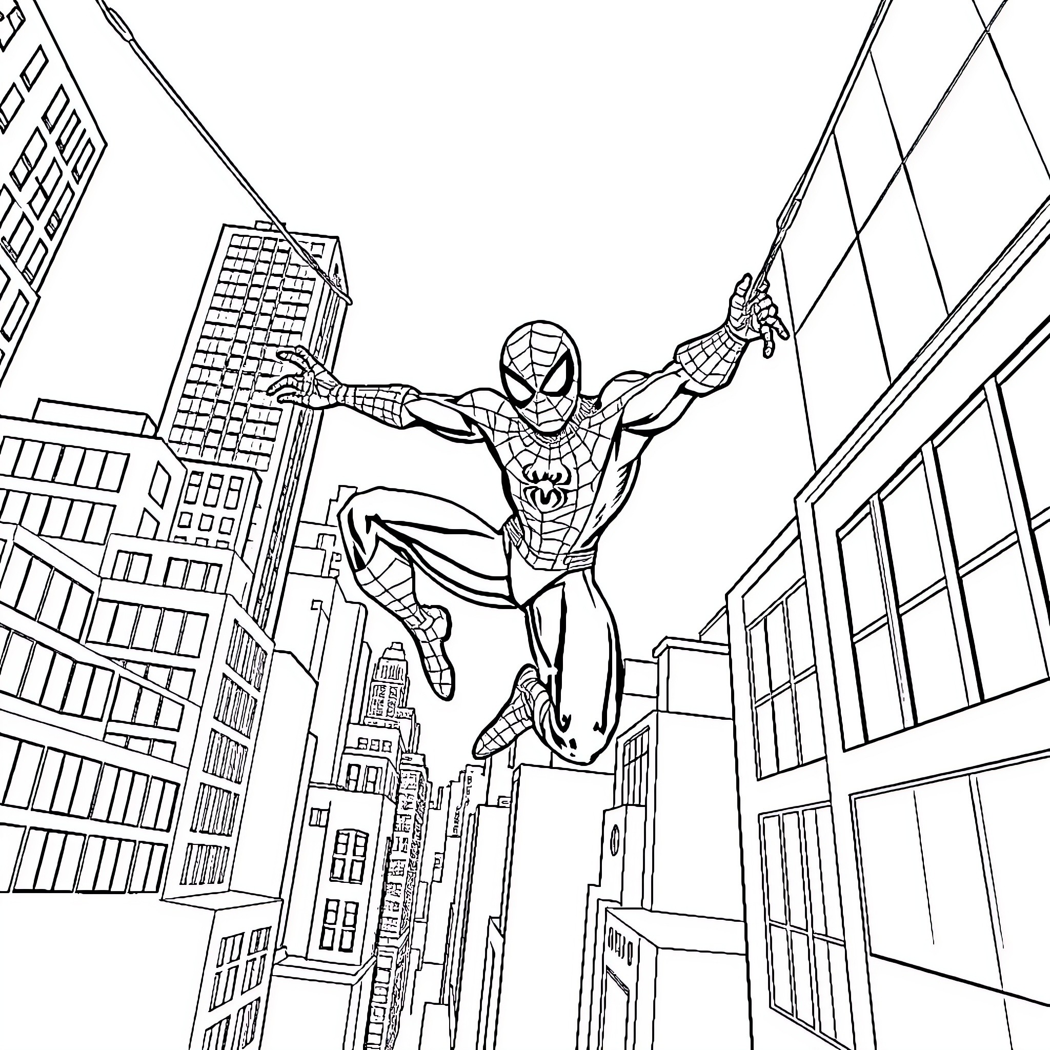 Spider-Man swinging through the city skyline Coloring Page (free black-and-white line drawing printable PDF for all, from beginners to advanced learners, including children, teens, adults, and seniors)