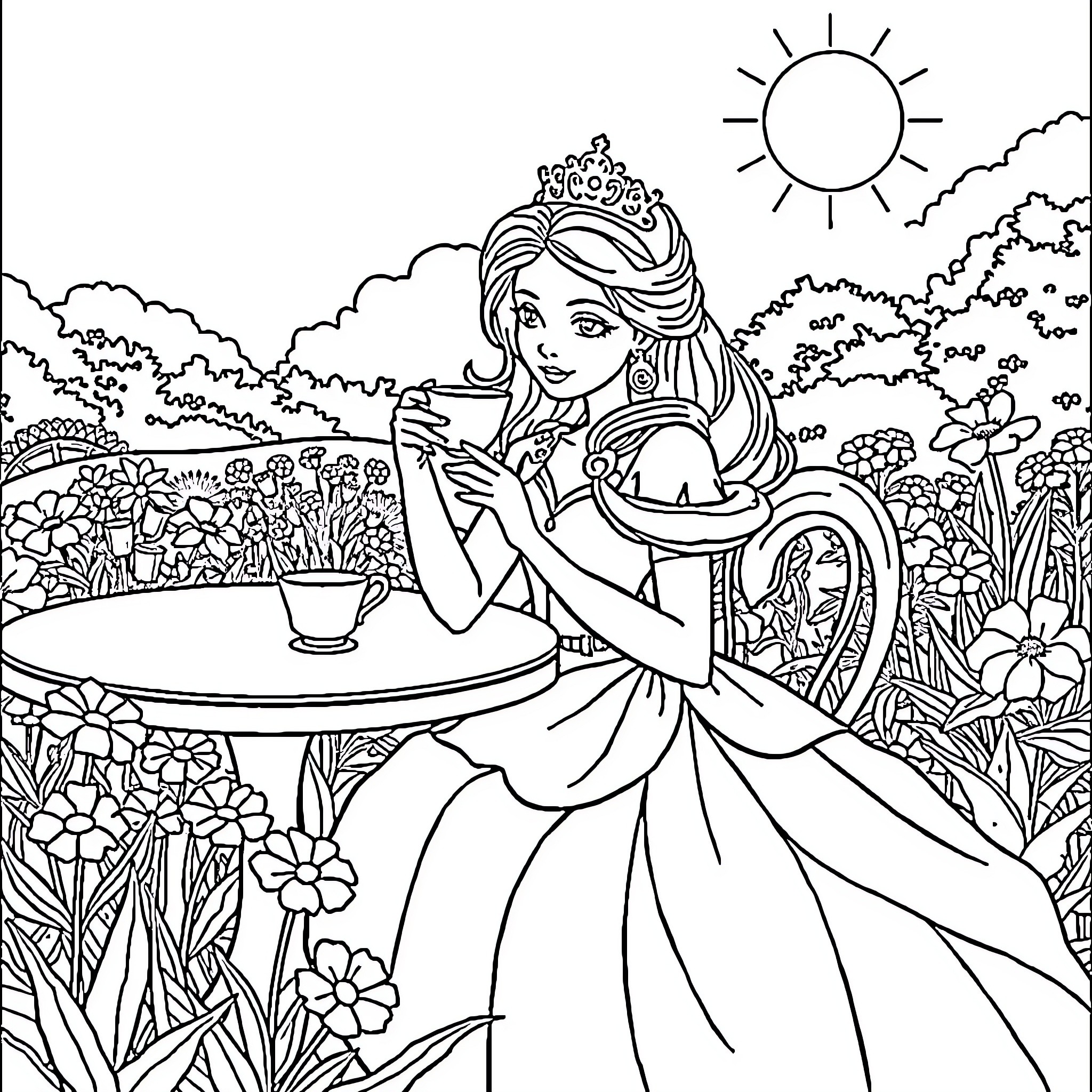Princess enjoying tea in a floral garden Coloring Page (free black-and-white line drawing printable PDF for all, from beginners to advanced learners, including children, teens, adults, and seniors)