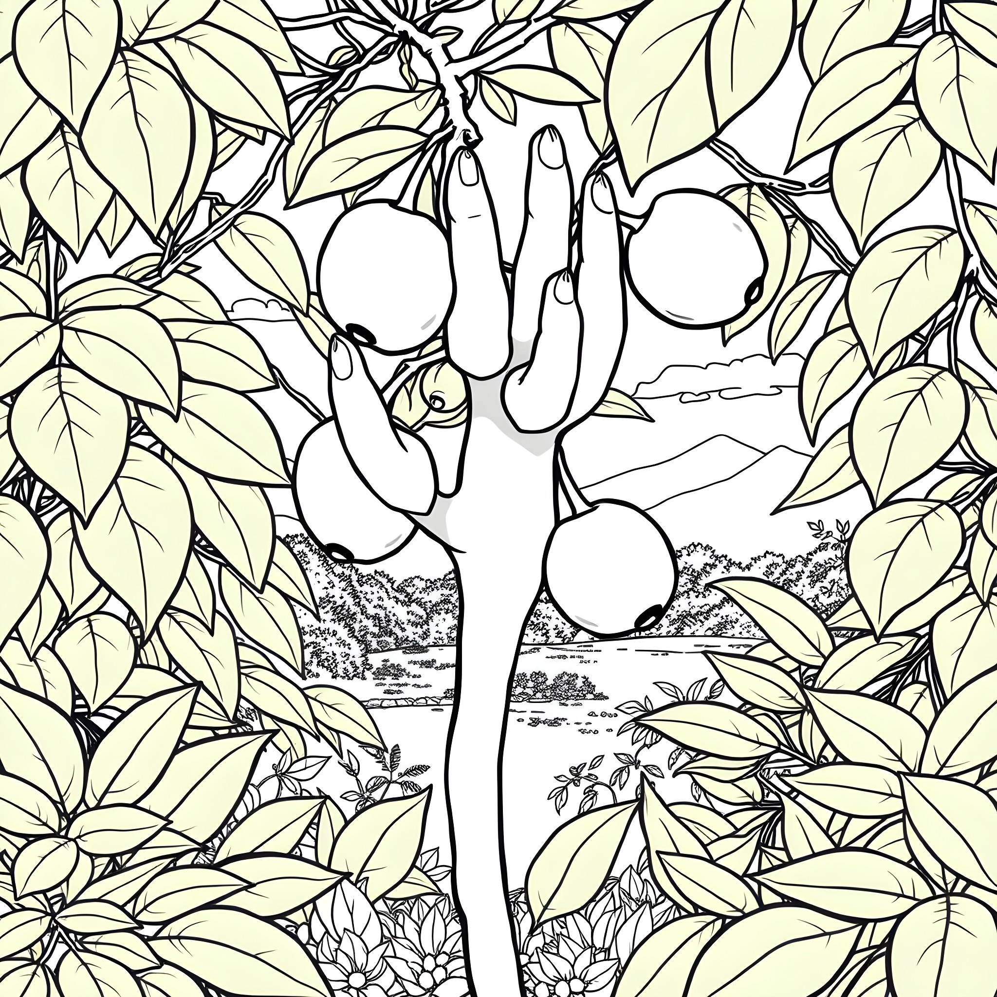 Buddha's Hand Reaching Through Lush Foliage Coloring Page (free black-and-white line drawing printable PDF for all, from beginners to advanced learners, including children, teens, adults, and seniors)