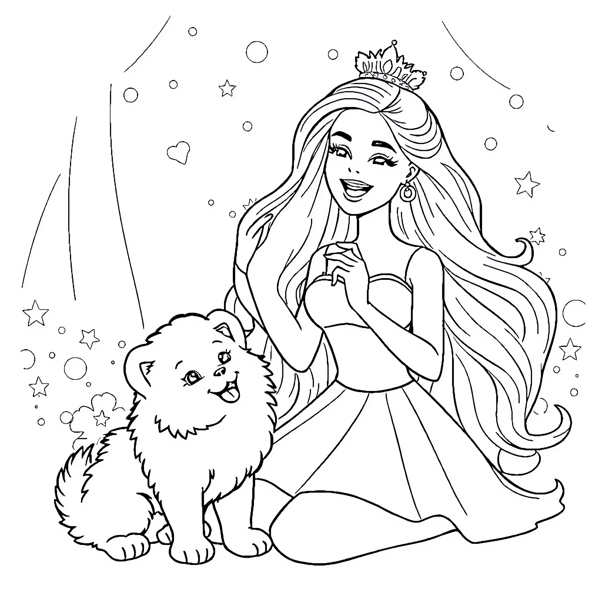 Barbie playing with her adorable puppy in a magical setting Coloring Page (free black-and-white line drawing printable PDF for all, from beginners to advanced learners, including children, teens, adults, and seniors)