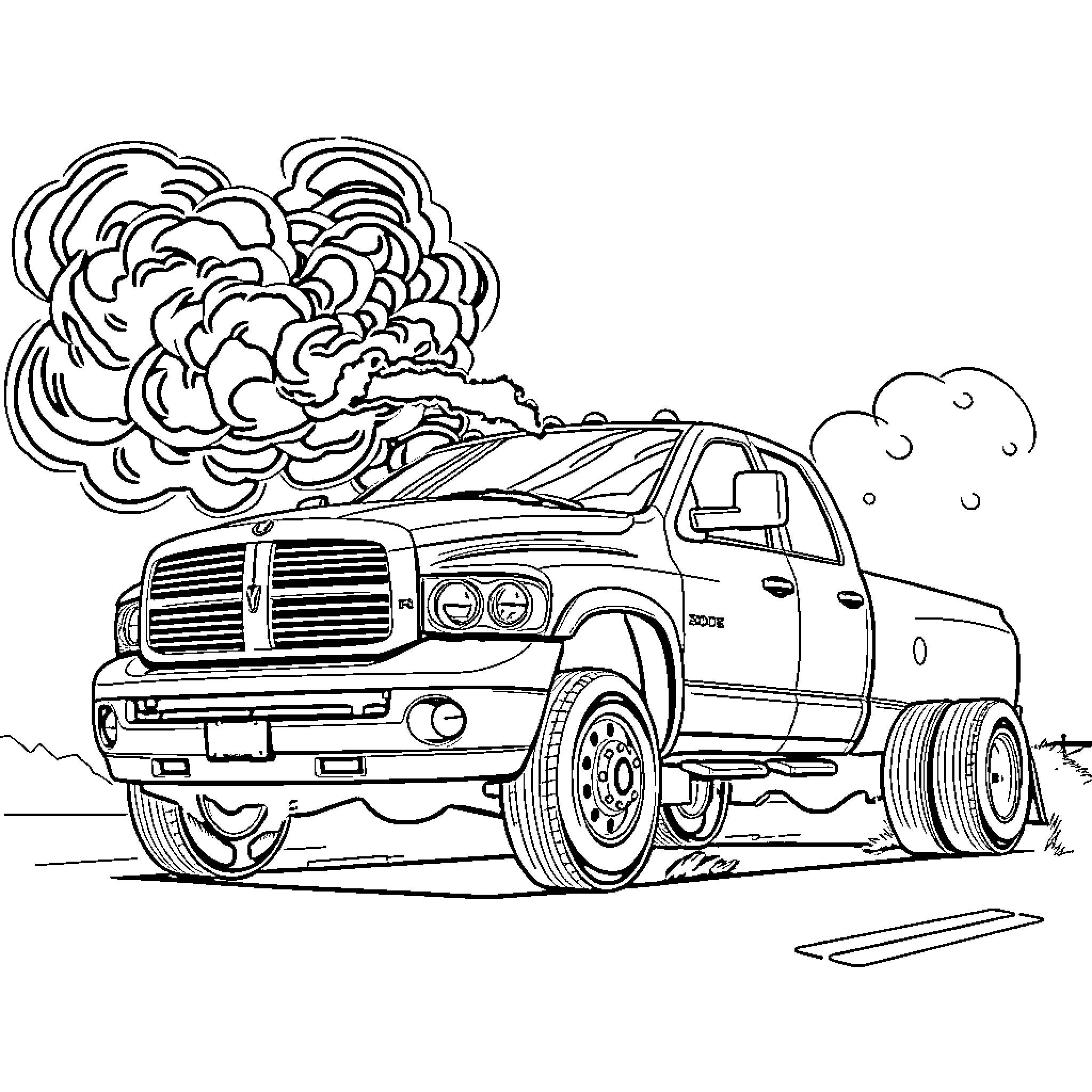 Dodge Ram truck with dramatic smoke plume Coloring Page (free black-and-white line drawing printable PDF for all, from beginners to advanced learners, including children, teens, adults, and seniors)