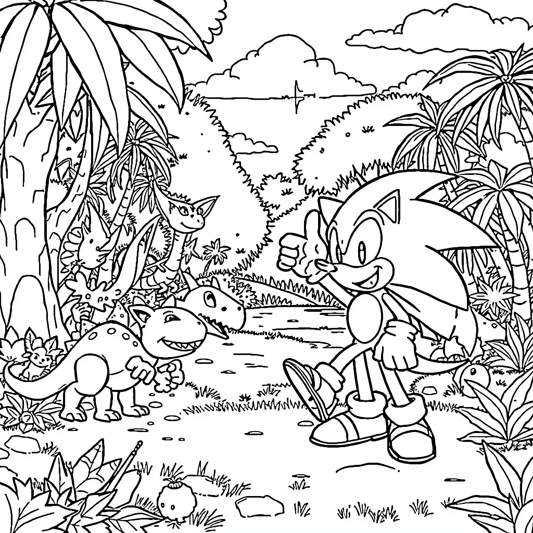 Sonic exploring the lush jungle landscape Coloring Page (free black-and-white line drawing printable PDF for all, from beginners to advanced learners, including children, teens, adults, and seniors)