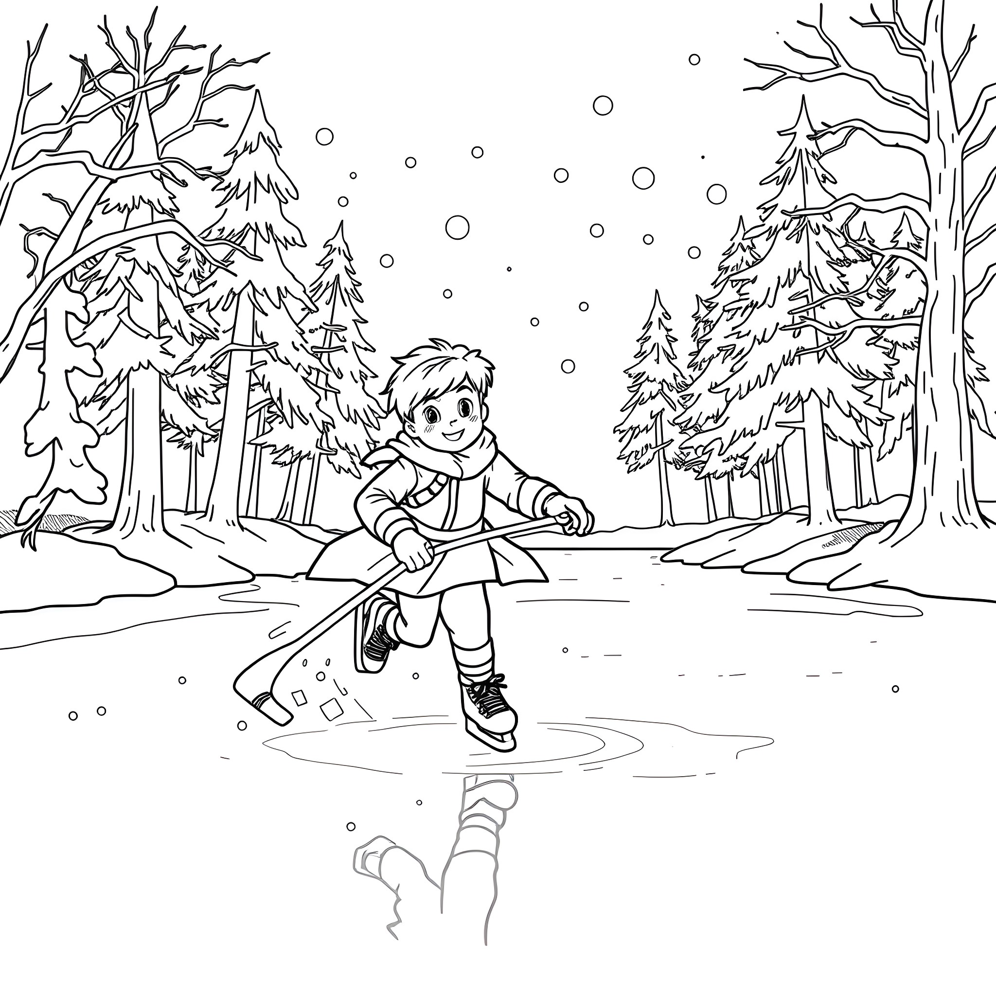 Prince Sliding Joyfully in Winter Wonderland Coloring Page (free black-and-white line drawing printable PDF for all, from beginners to advanced learners, including children, teens, adults, and seniors)