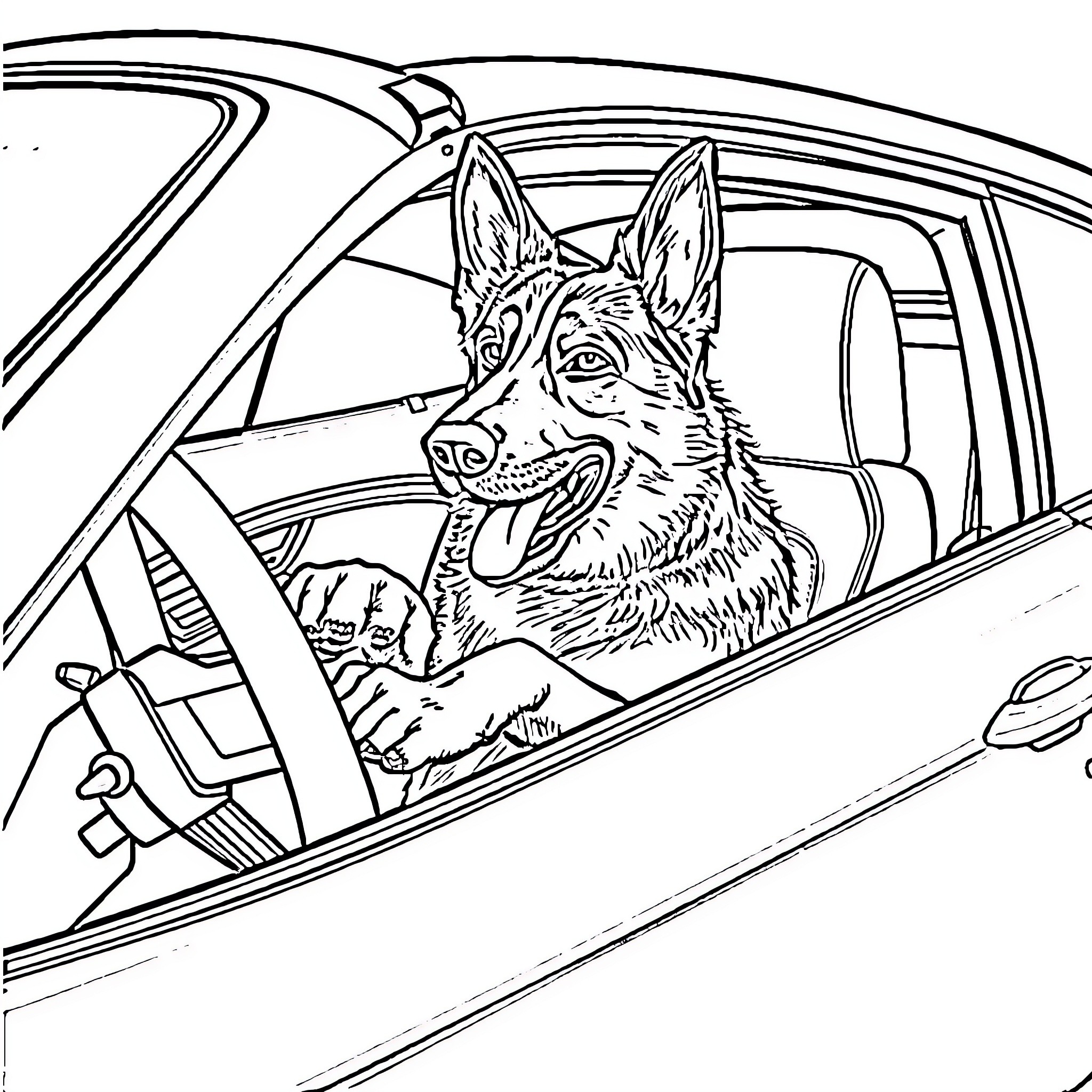 Dog riding excitedly in a car Coloring Page (free black-and-white line drawing printable PDF for all, from beginners to advanced learners, including children, teens, adults, and seniors)