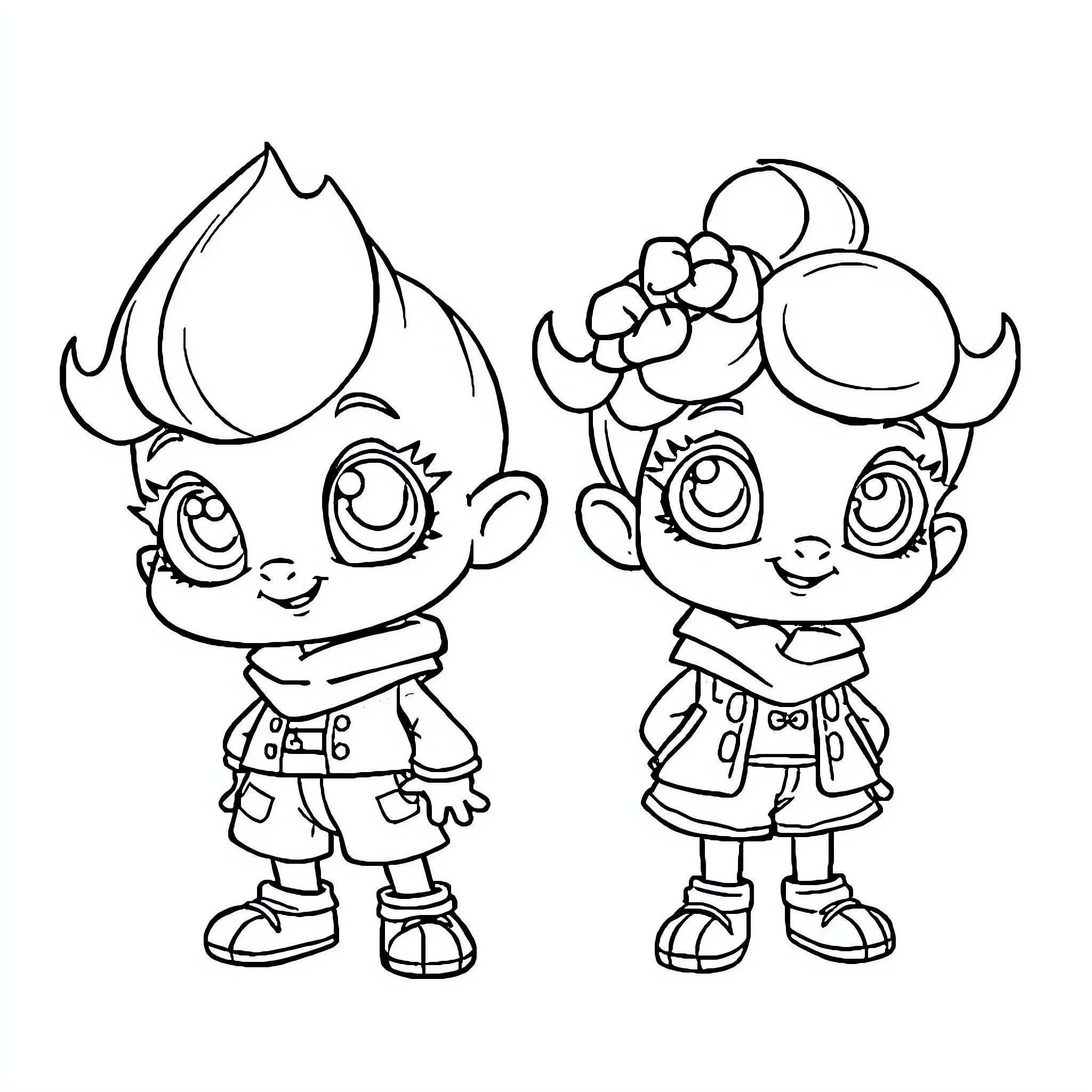 Sprunki's Stylish Pair: Cheerful Characters in Playful Outfits Coloring Page (free black-and-white line drawing printable PDF for all, from beginners to advanced learners, including children, teens, adults, and seniors)