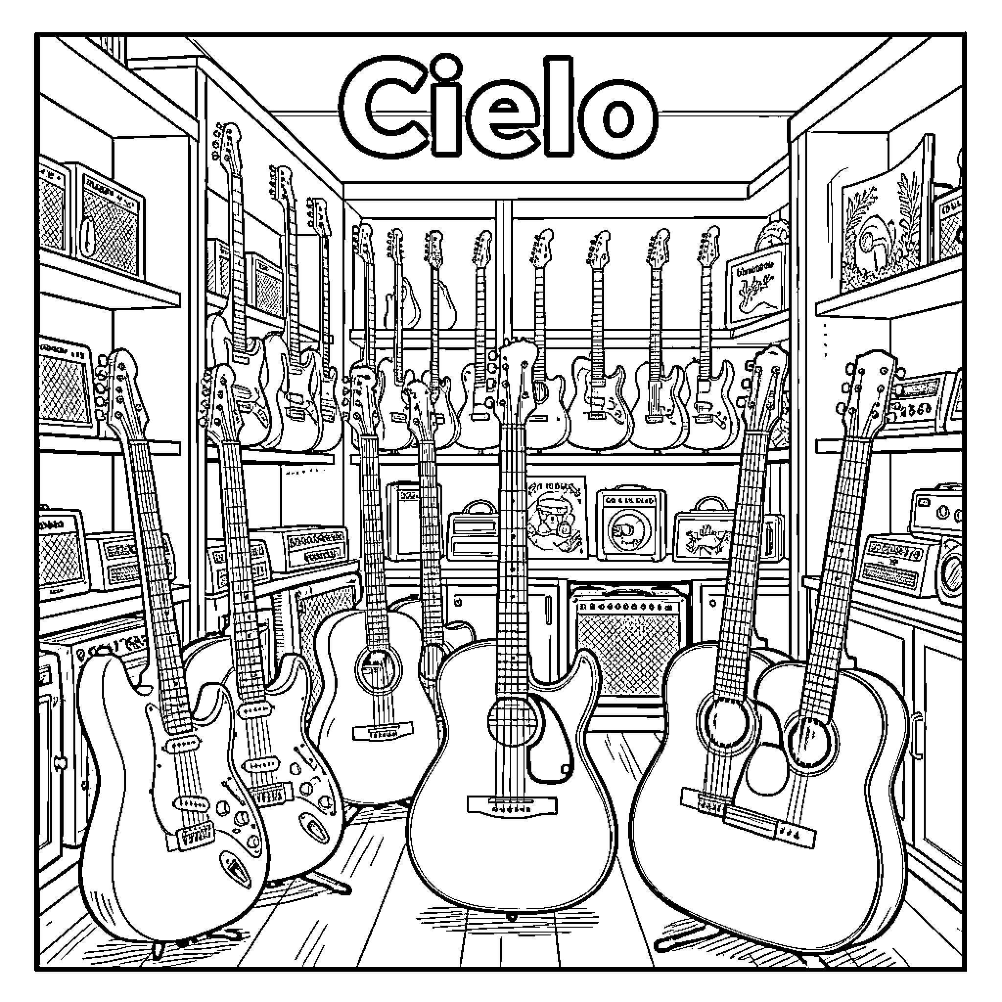 Guitar Store with Various Musical Instruments Coloring Page (free black-and-white line drawing printable PDF for all, from beginners to advanced learners, including children, teens, adults, and seniors)