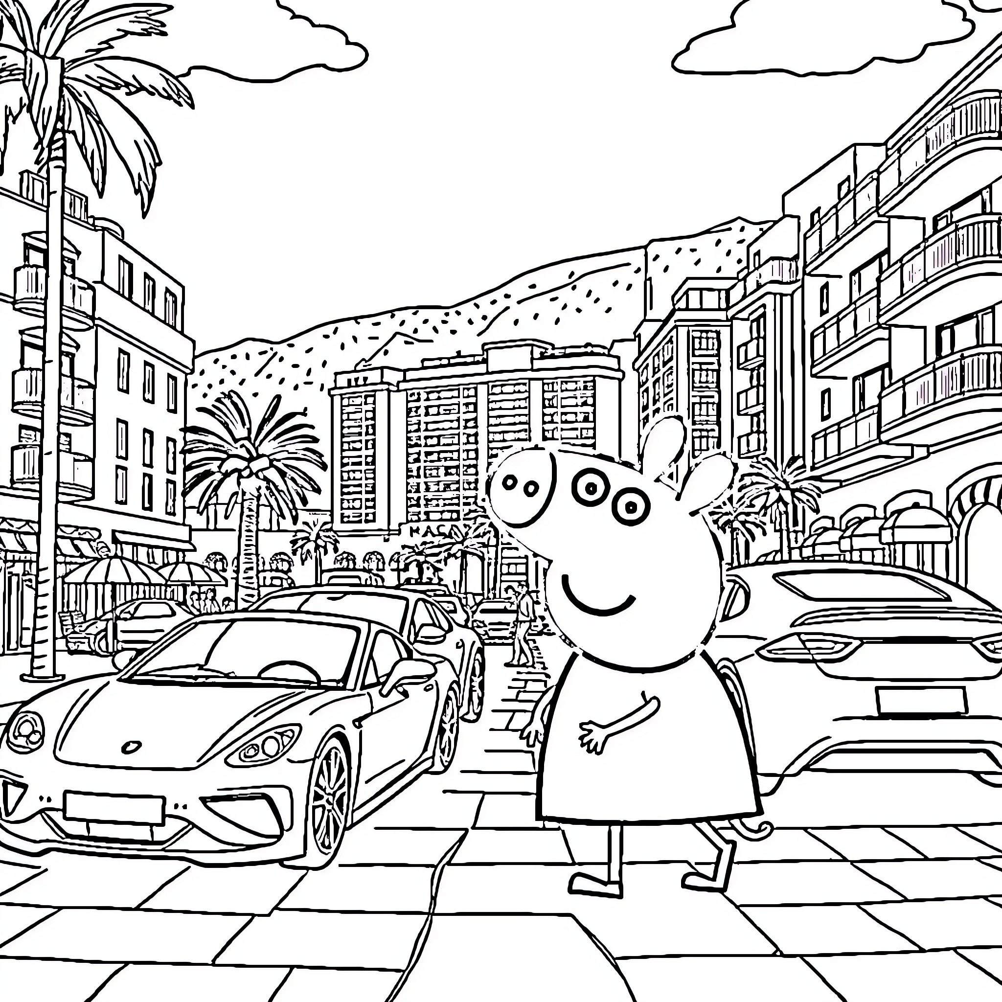 Peppa Pig enjoying a day in the city Coloring Page (free black-and-white line drawing printable PDF for all, from beginners to advanced learners, including children, teens, adults, and seniors)