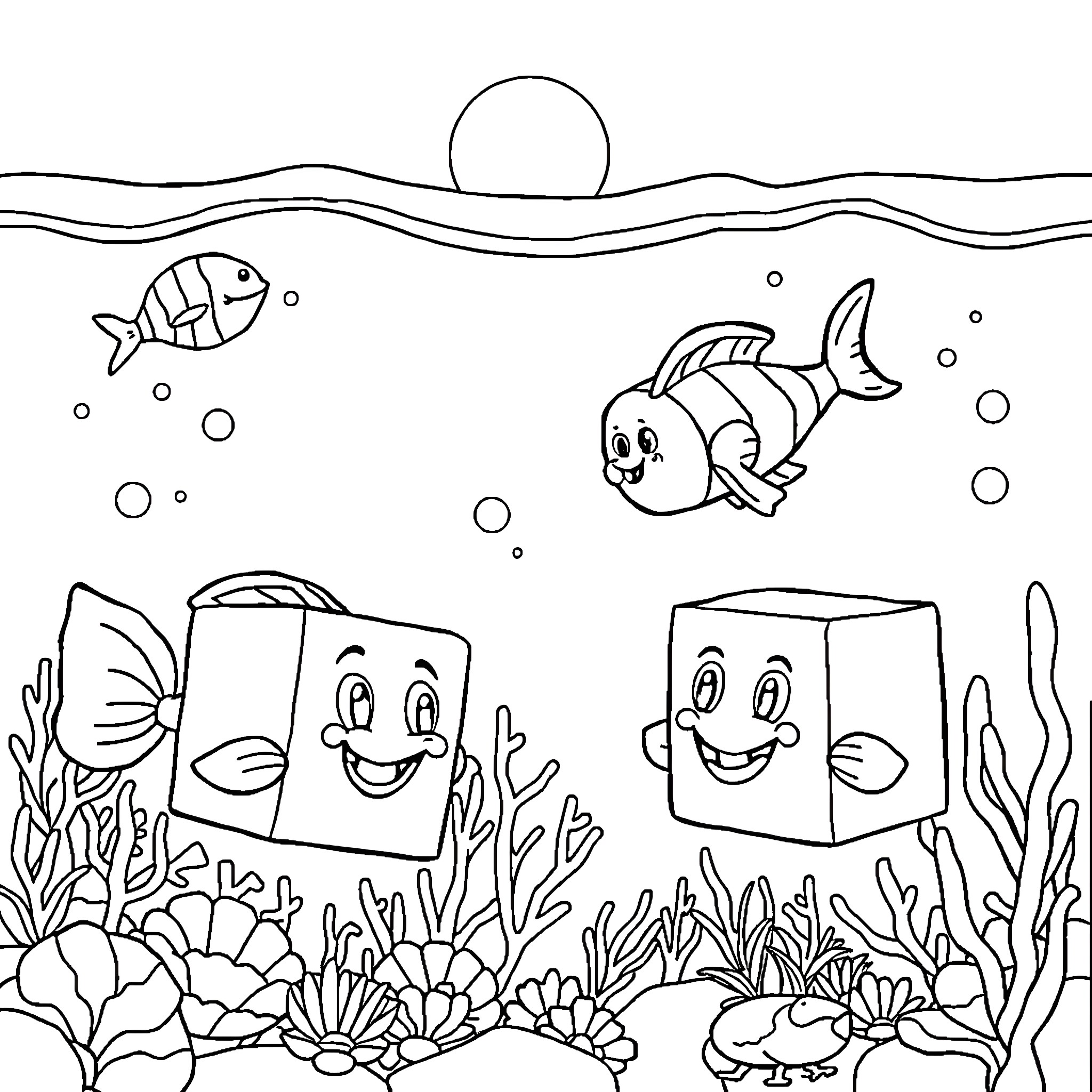 Numberblocks playing in the underwater world Coloring Page (free black-and-white line drawing printable PDF for all, from beginners to advanced learners, including children, teens, adults, and seniors)