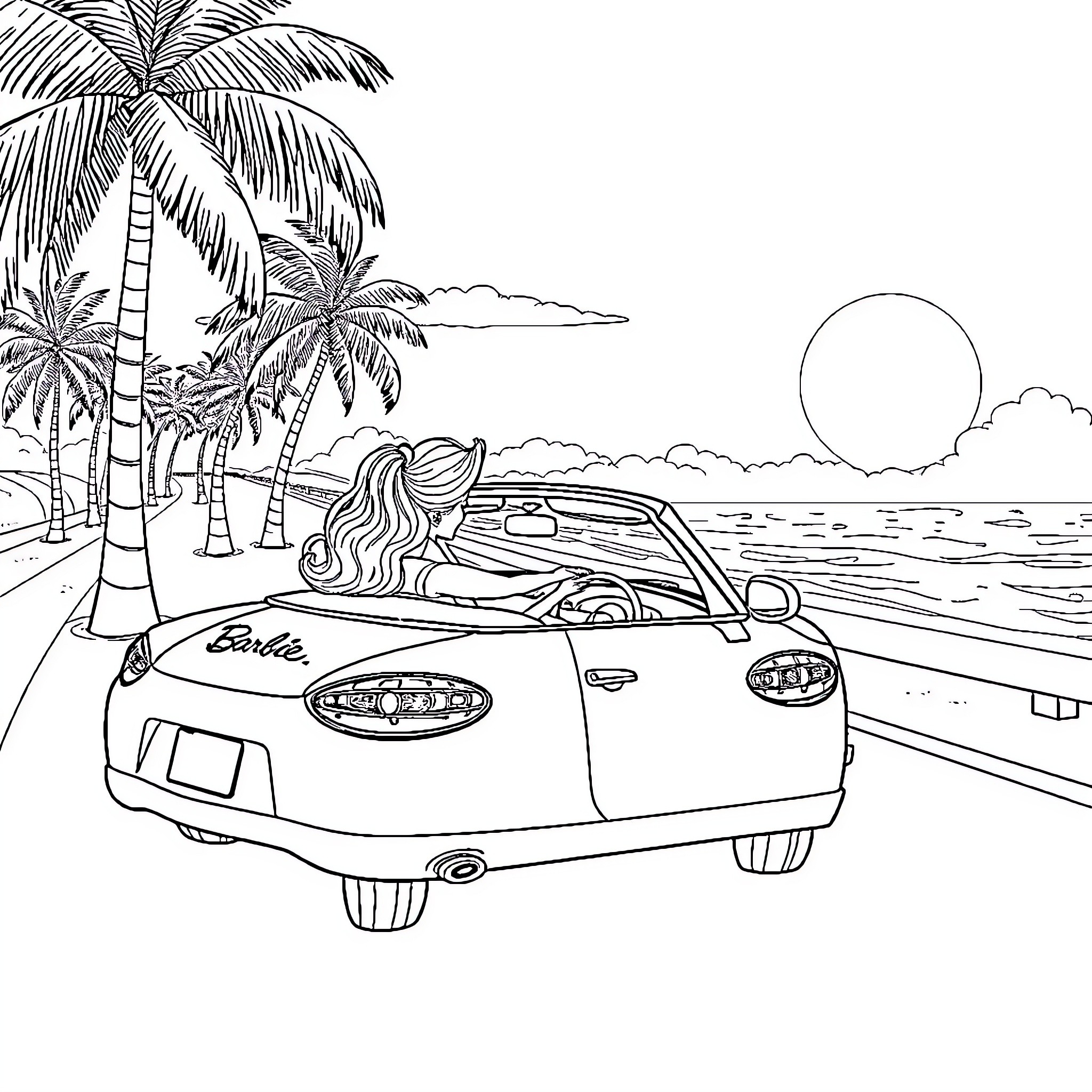 Barbie enjoying a beach drive in her convertible Coloring Page (free black-and-white line drawing printable PDF for all, from beginners to advanced learners, including children, teens, adults, and seniors)