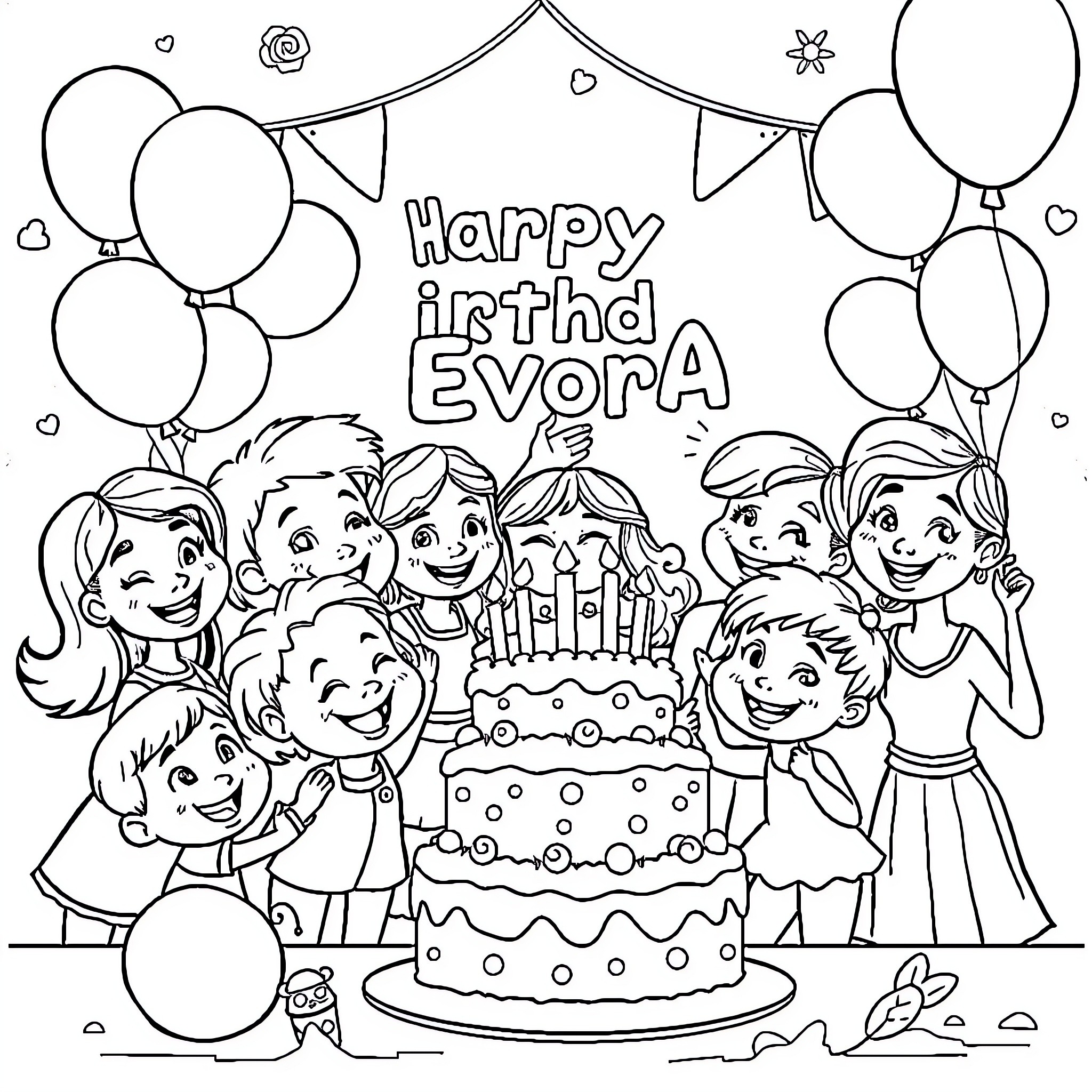 Dandy Birthday Celebration with Cheerful Group Coloring Page (free black-and-white line drawing printable PDF for all, from beginners to advanced learners, including children, teens, adults, and seniors)