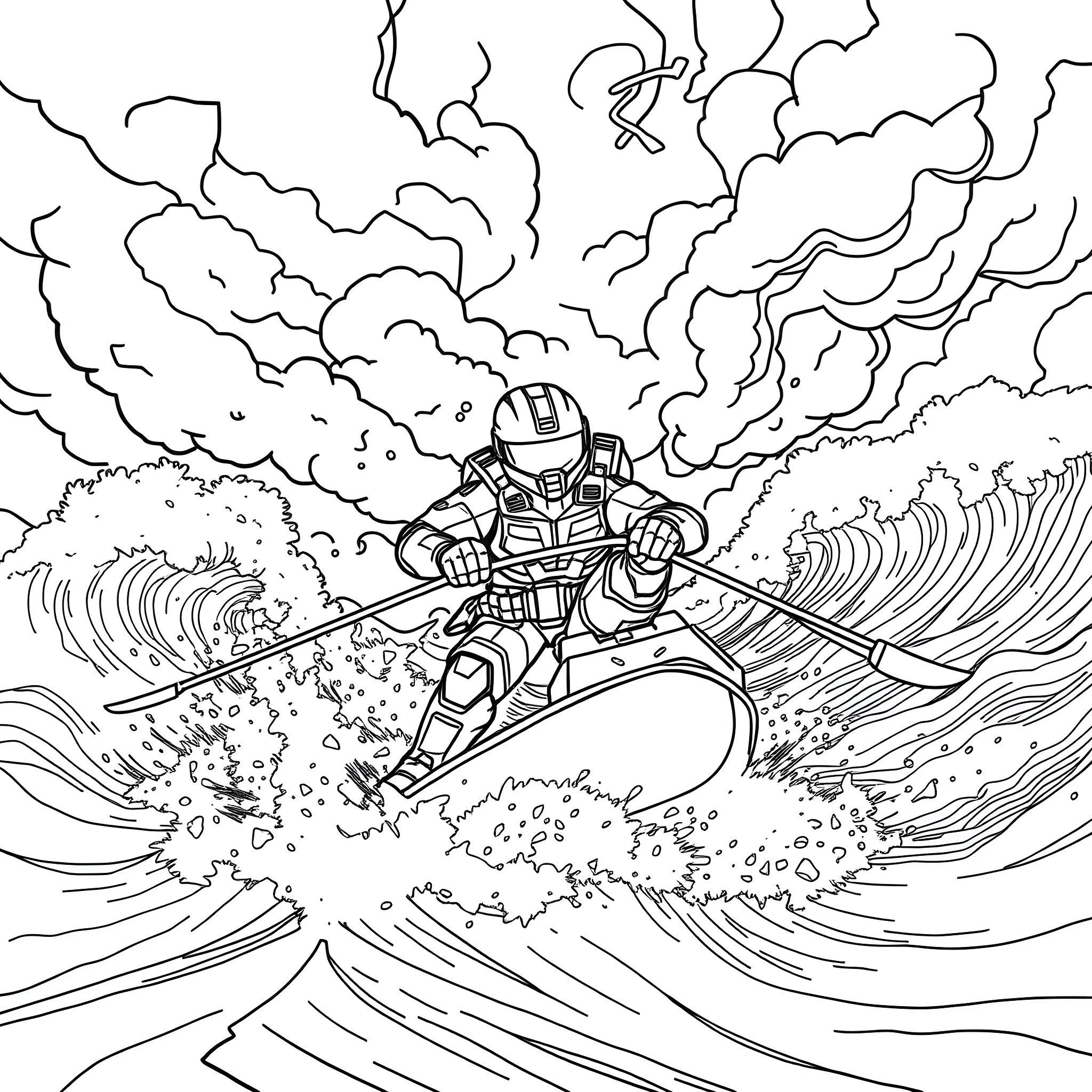 Master Chief's Heroic Waterski Adventure Coloring Page (free black-and-white line drawing printable PDF for all, from beginners to advanced learners, including children, teens, adults, and seniors)