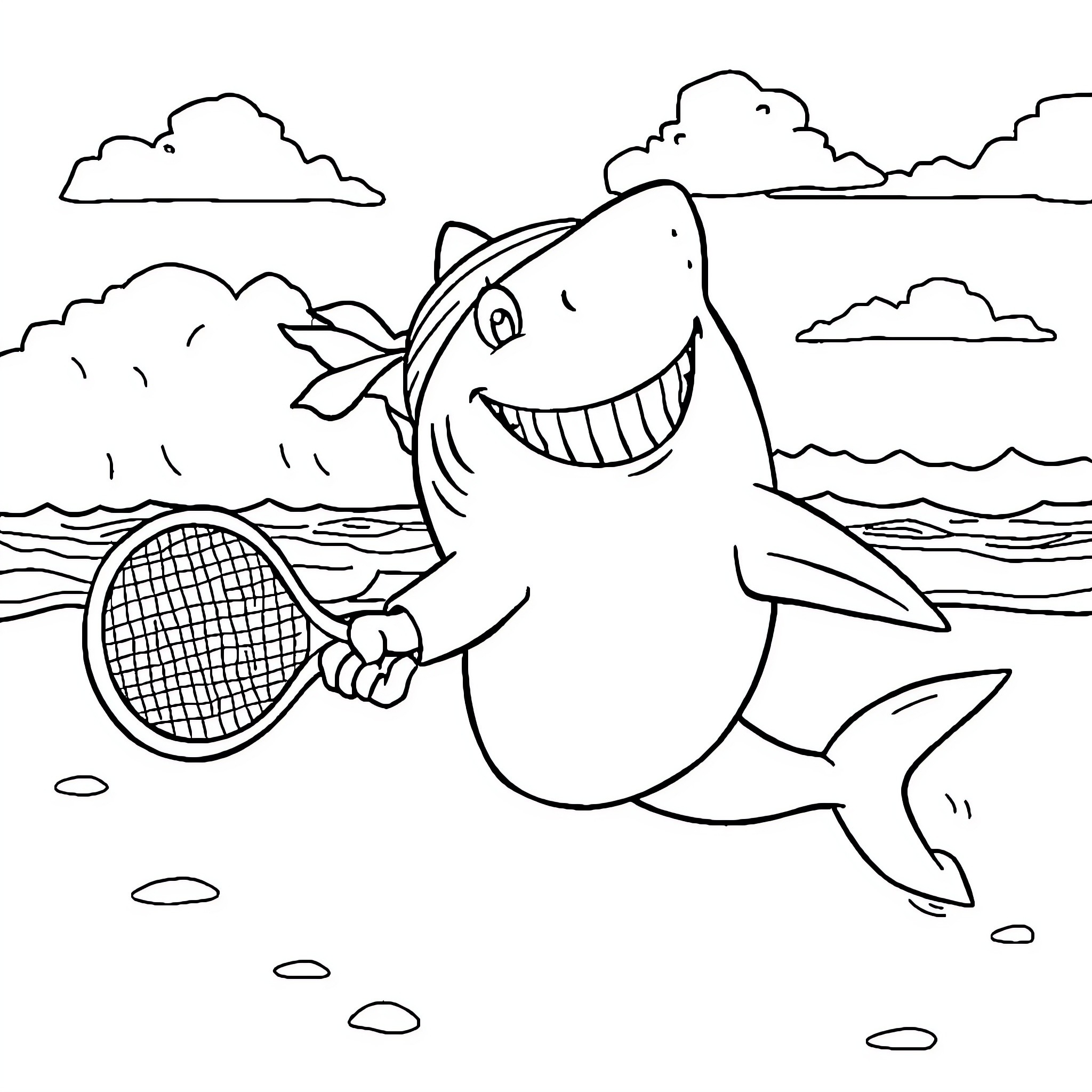 Shark playing tennis on the beach Coloring Page (free black-and-white line drawing printable PDF for all, from beginners to advanced learners, including children, teens, adults, and seniors)