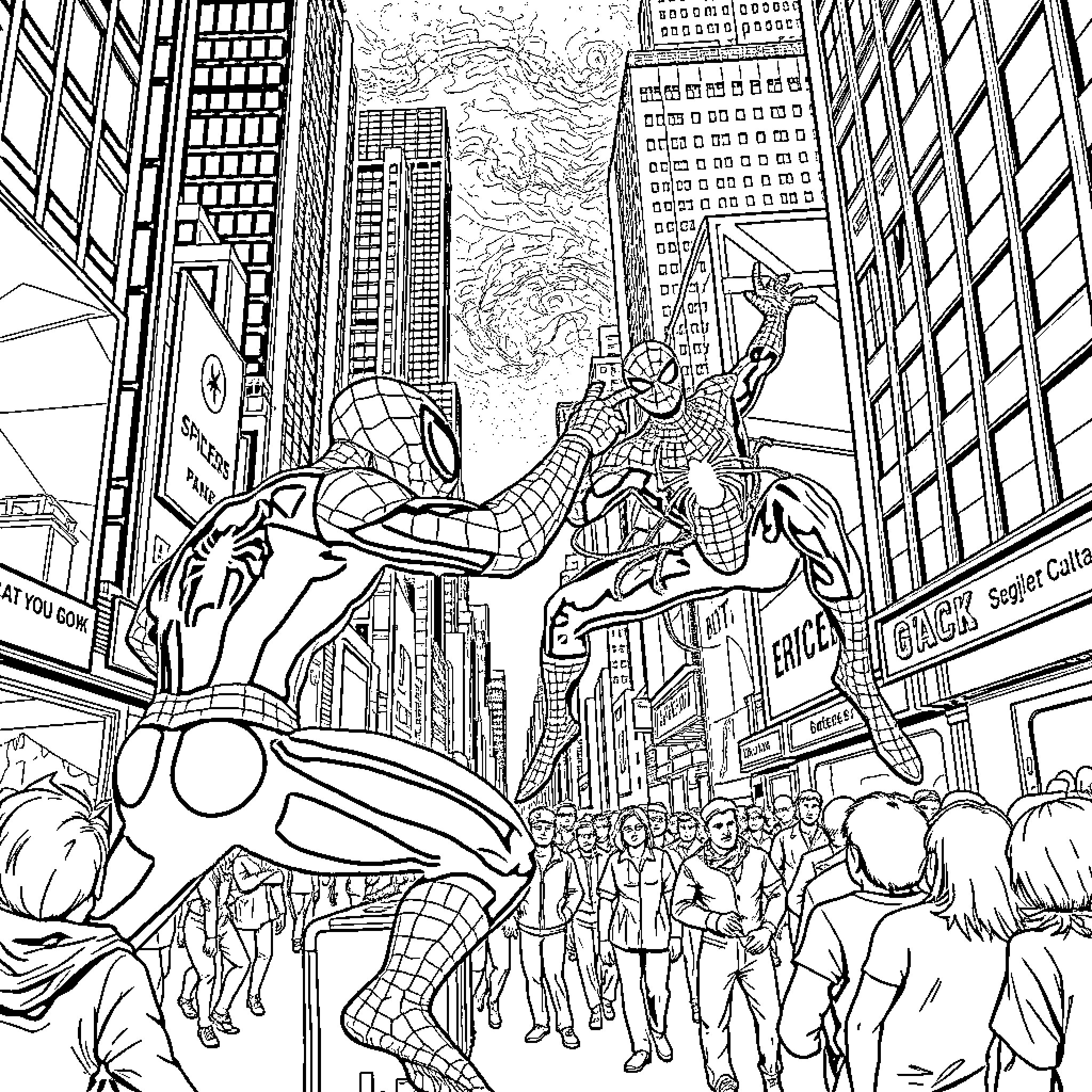 Spider-Man swinging through the city streets Coloring Page (free black-and-white line drawing printable PDF for all, from beginners to advanced learners, including children, teens, adults, and seniors)