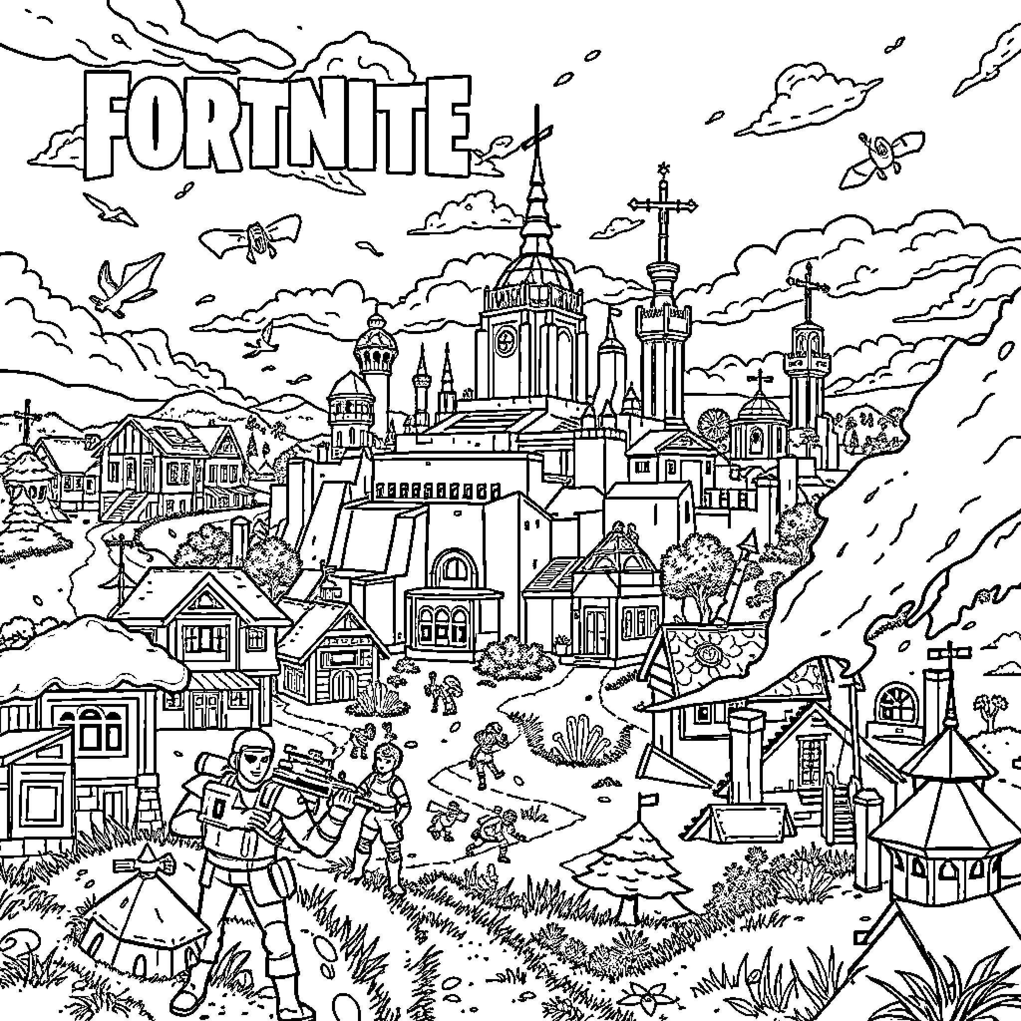 Fortnite characters exploring a fantastical cityscape Coloring Page (free black-and-white line drawing printable PDF for all, from beginners to advanced learners, including children, teens, adults, and seniors)