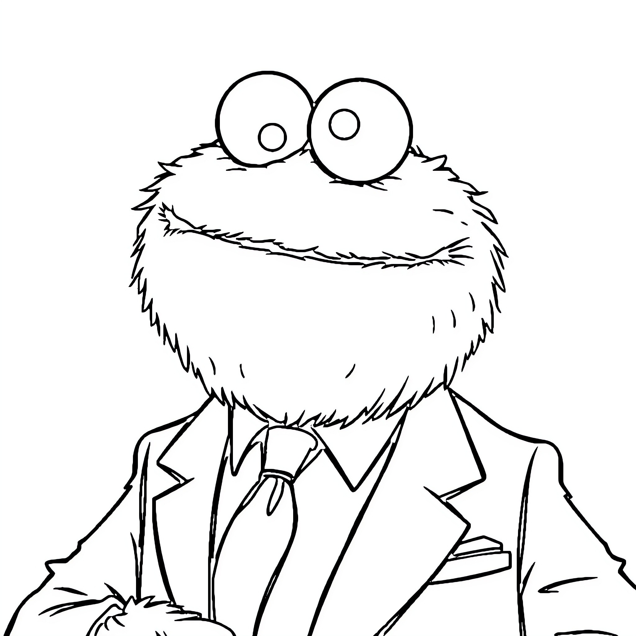 Cookie Monster wearing a formal suit Coloring Page (free black-and-white line drawing printable PDF for all, from beginners to advanced learners, including children, teens, adults, and seniors)