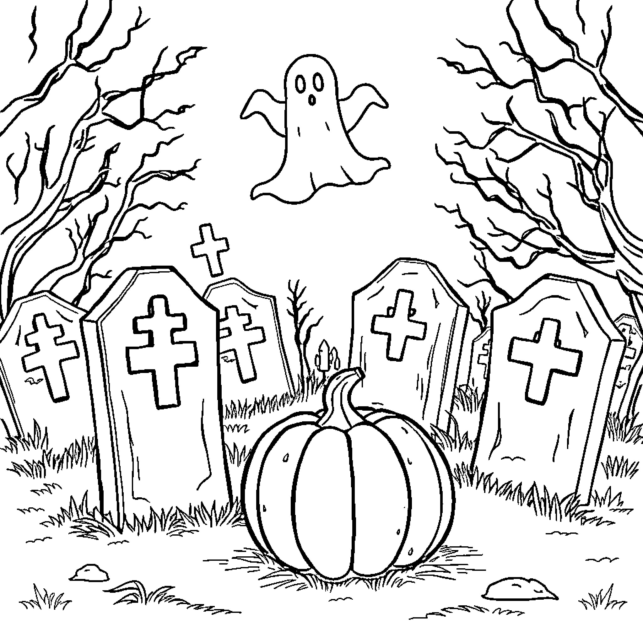 Ghost in haunted graveyard with pumpkin Coloring Page (free black-and-white line drawing printable PDF for all, from beginners to advanced learners, including children, teens, adults, and seniors)