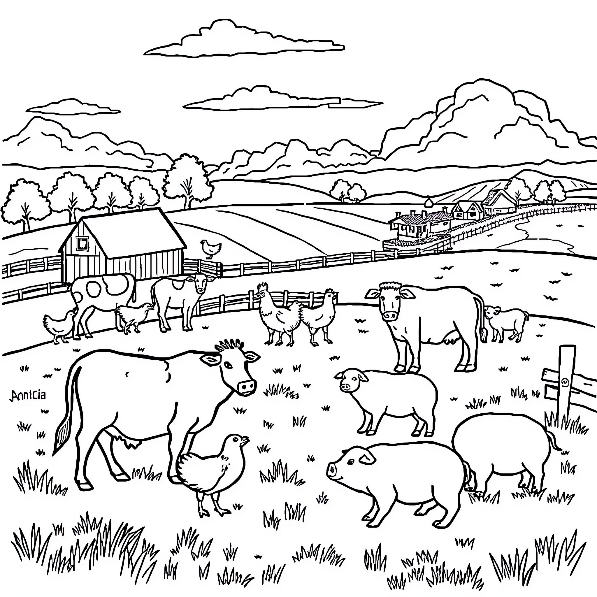 Animal farm with various livestock and rural scenery Coloring Page (free black-and-white line drawing printable PDF for all, from beginners to advanced learners, including children, teens, adults, and seniors)