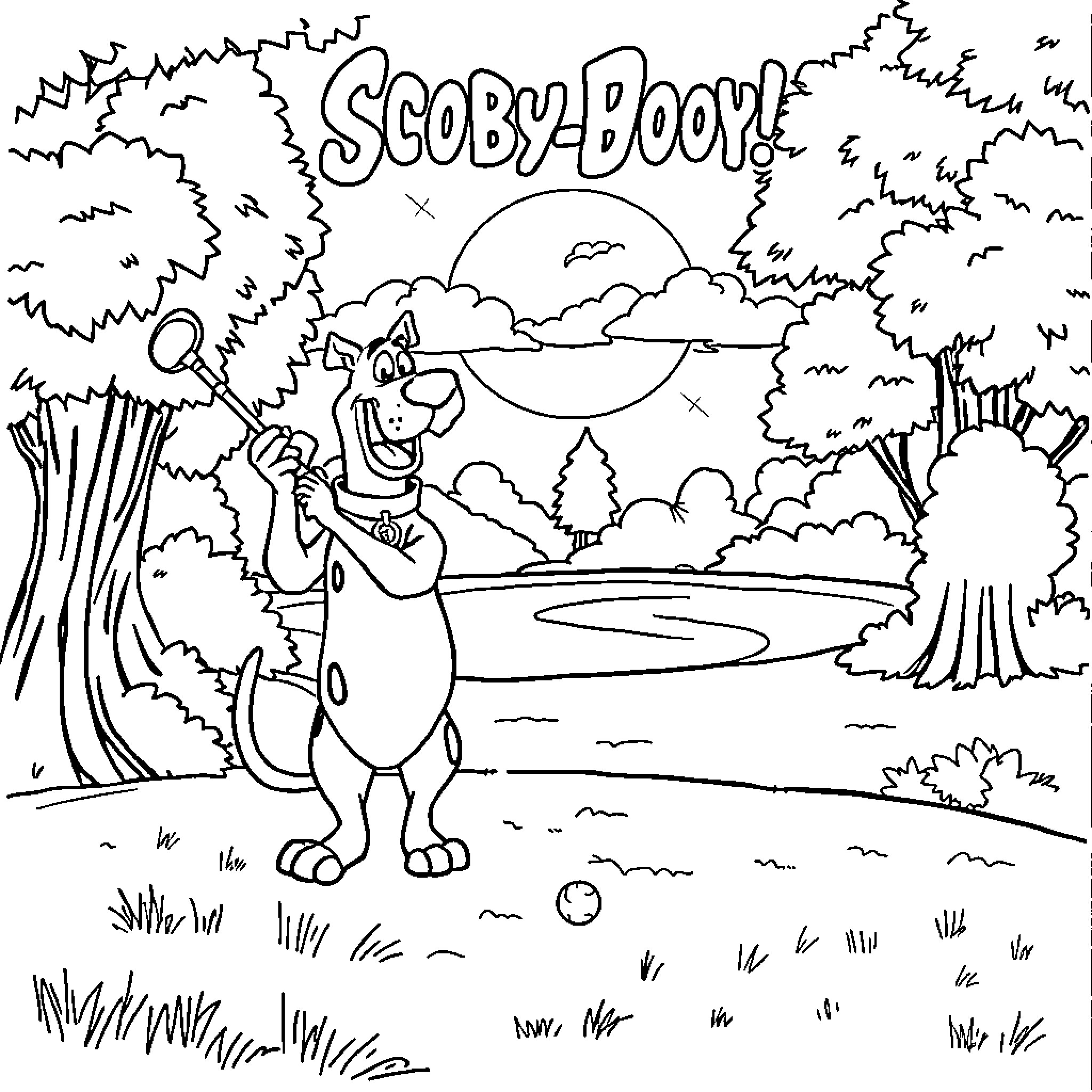 Scooby Doo exploring the great outdoors Coloring Page (free black-and-white line drawing printable PDF for all, from beginners to advanced learners, including children, teens, adults, and seniors)