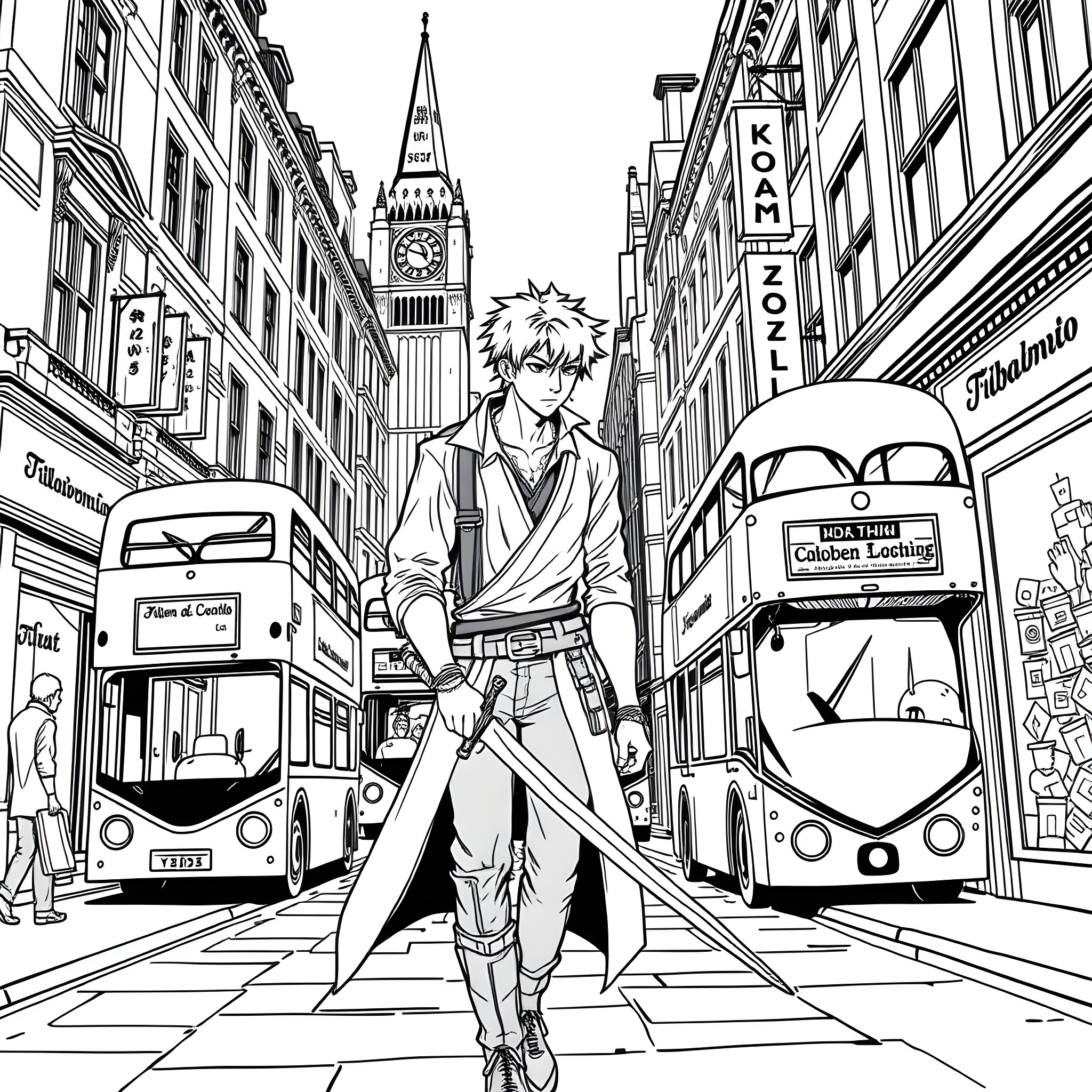 Zuko in the bustling city streets Coloring Page (free black-and-white line drawing printable PDF for all, from beginners to advanced learners, including children, teens, adults, and seniors)