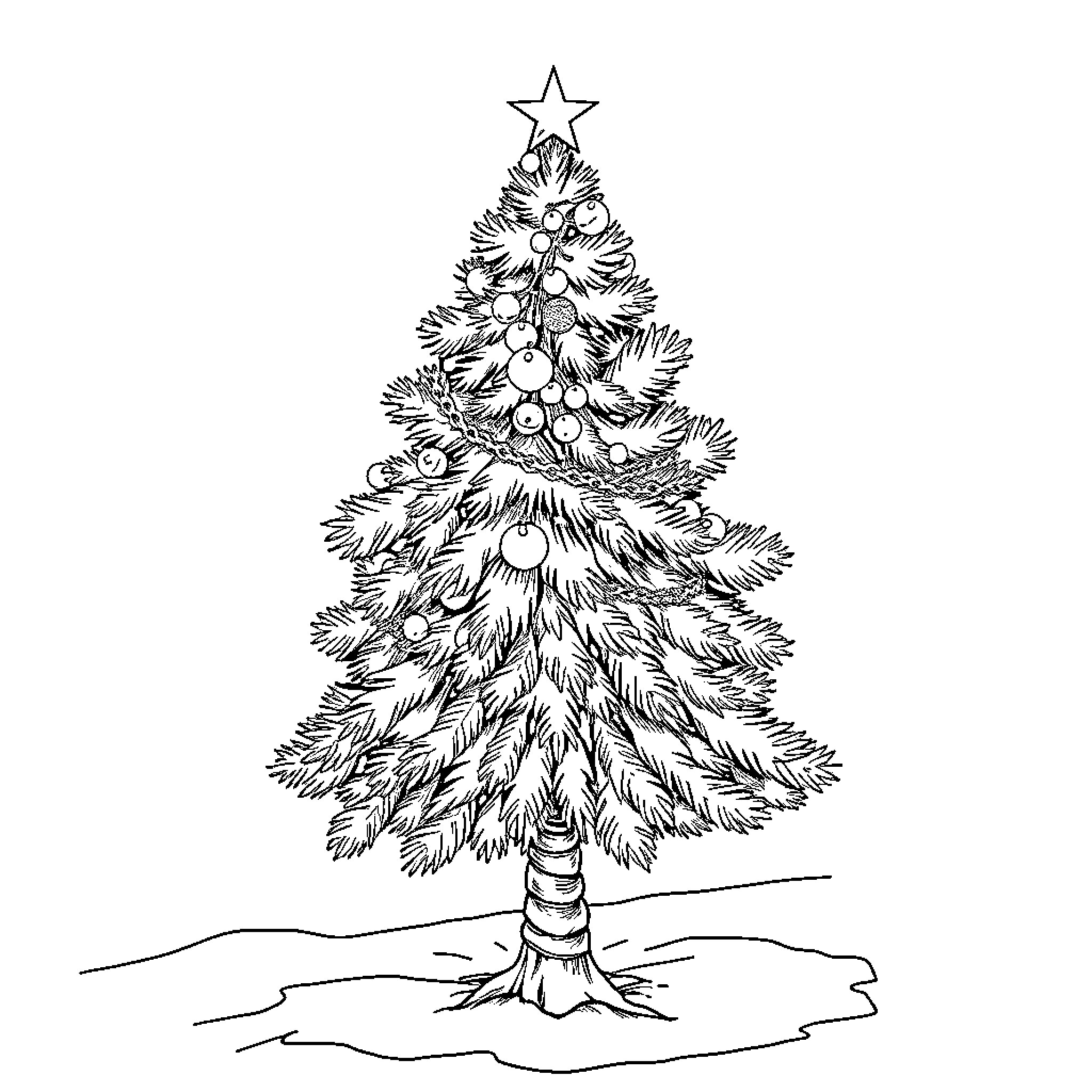 Christmas Tree with Decorative Ornaments Coloring Page (free black-and-white line drawing printable PDF for all, from beginners to advanced learners, including children, teens, adults, and seniors)