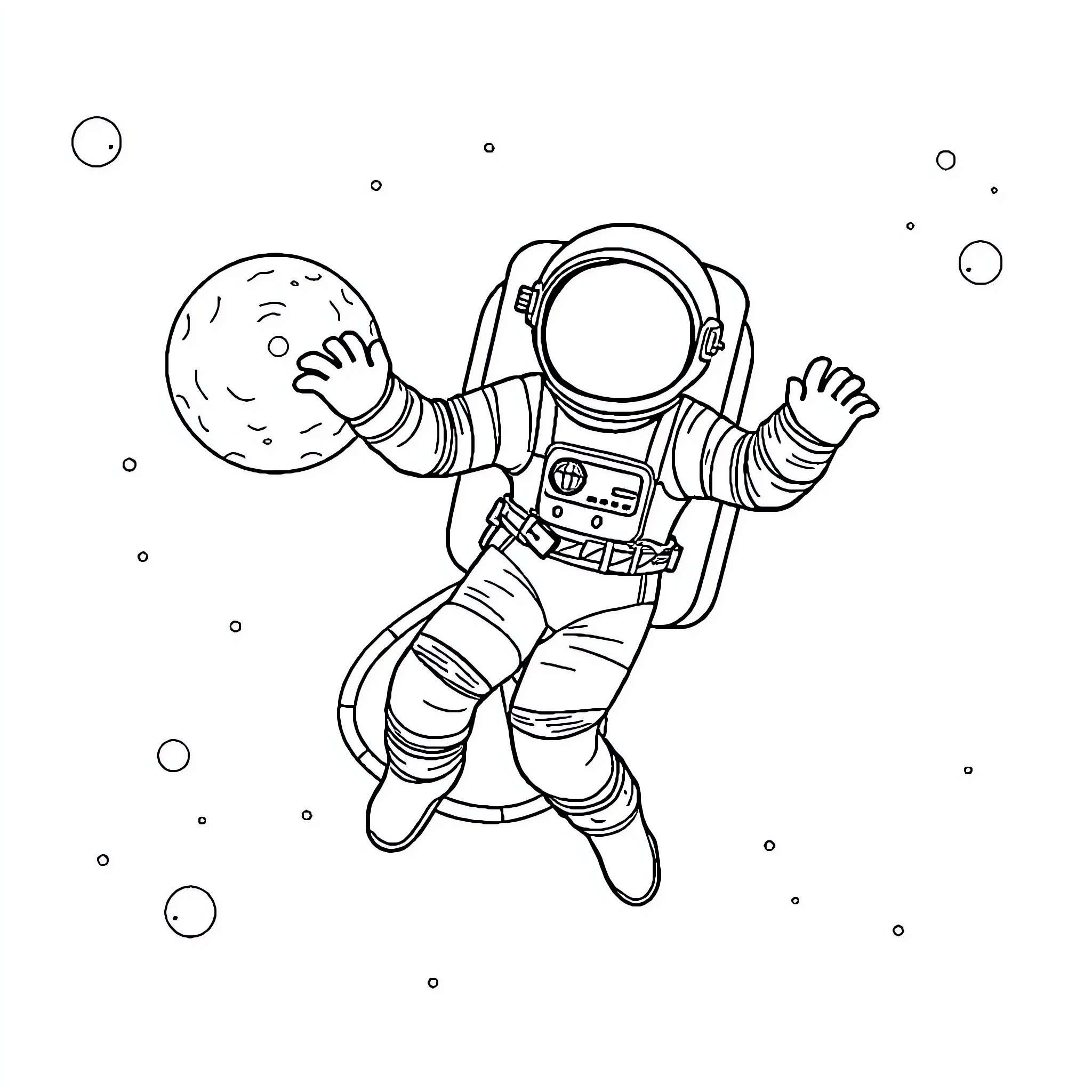 Astronaut floating freely in space Coloring Page (free black-and-white line drawing printable PDF for all, from beginners to advanced learners, including children, teens, adults, and seniors)