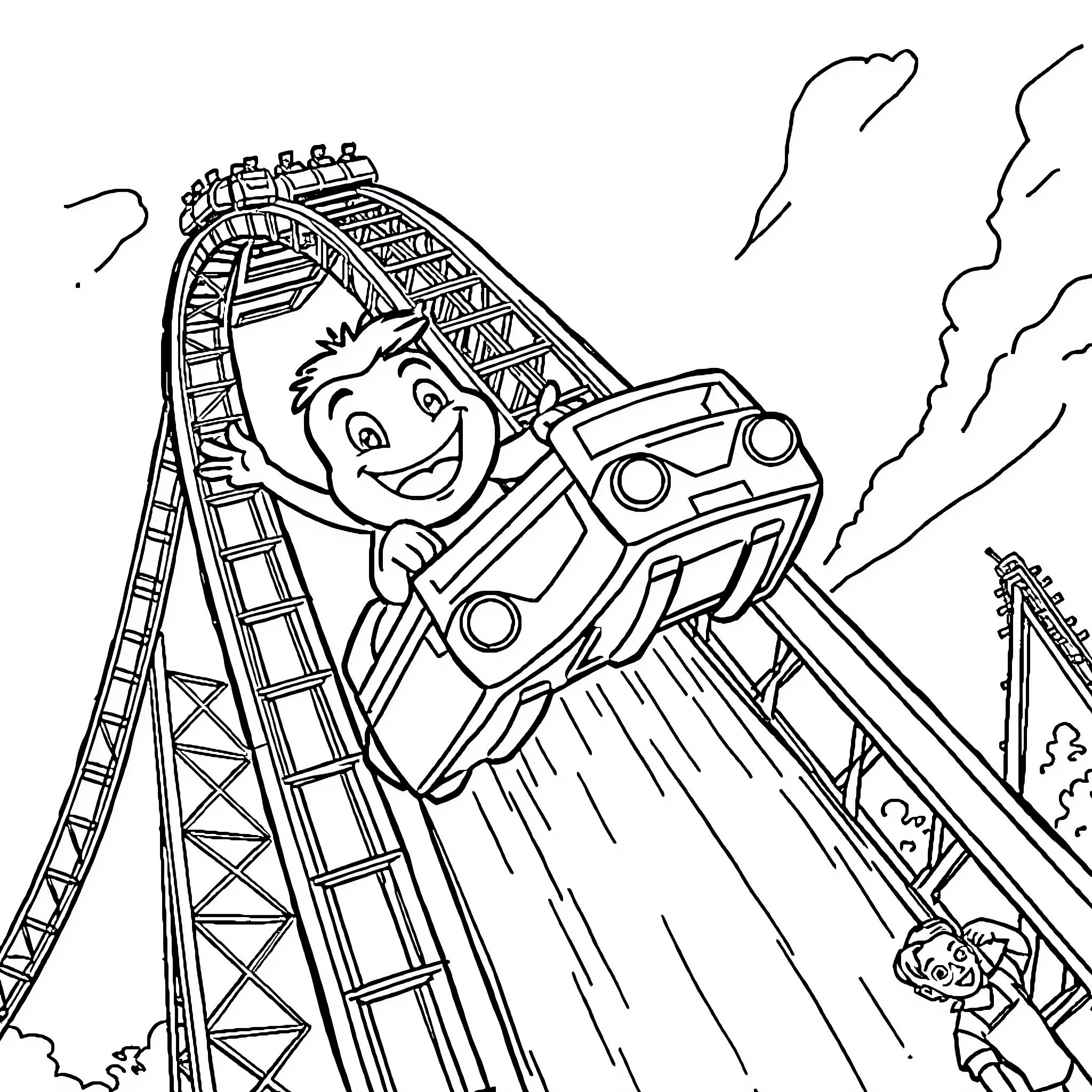 Bluey enjoying a thrilling roller coaster ride Coloring Page (free black-and-white line drawing printable PDF for all, from beginners to advanced learners, including children, teens, adults, and seniors)