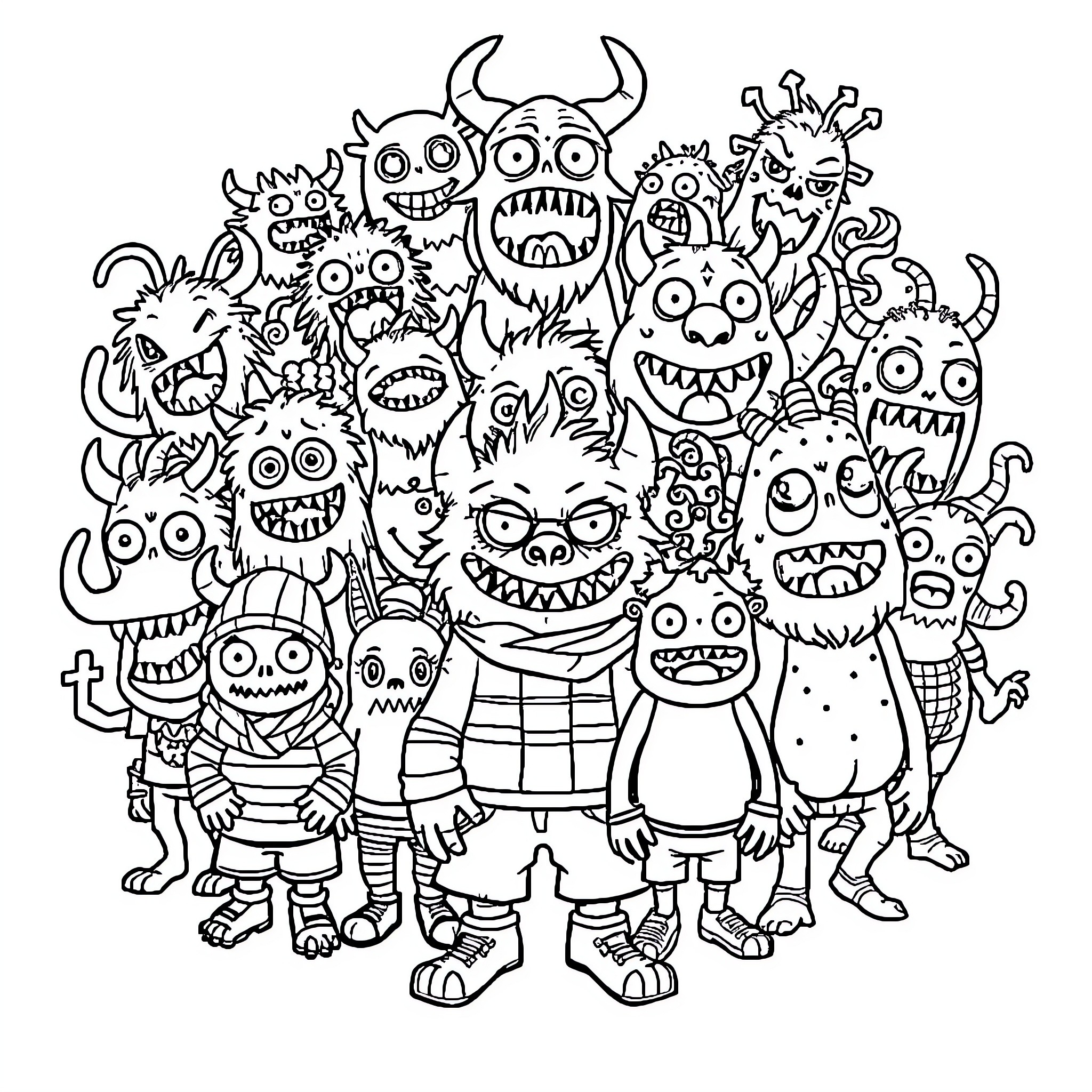 Monster Party with Silly Creatures and Expressions Coloring Page (free black-and-white line drawing printable PDF for all, from beginners to advanced learners, including children, teens, adults, and seniors)