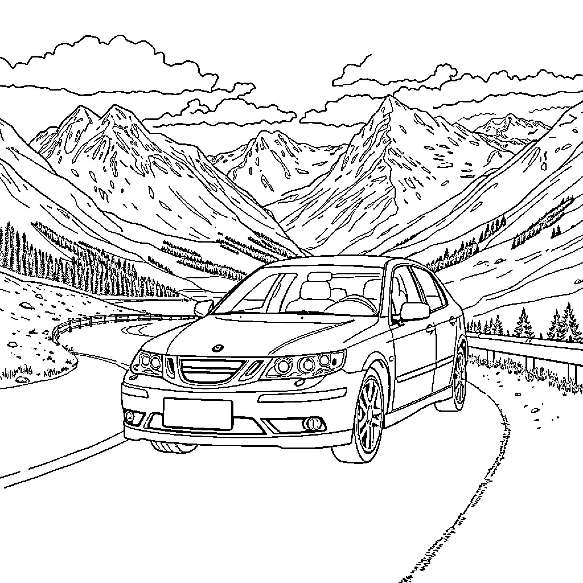Car driving through scenic mountain landscape Coloring Page (free black-and-white line drawing printable PDF for all, from beginners to advanced learners, including children, teens, adults, and seniors)