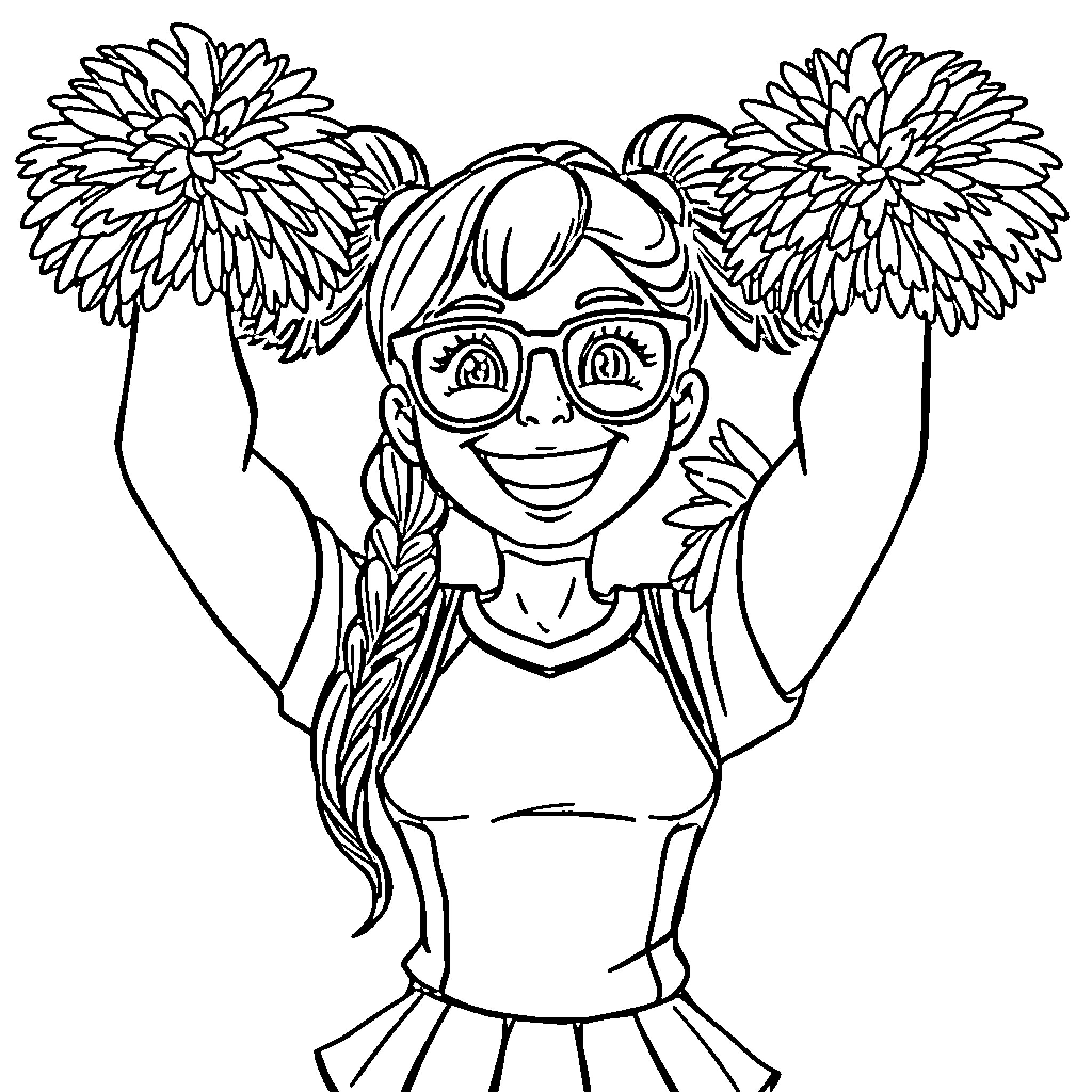 Cheerleader with big smile and pompoms Coloring Page (free black-and-white line drawing printable PDF for all, from beginners to advanced learners, including children, teens, adults, and seniors)