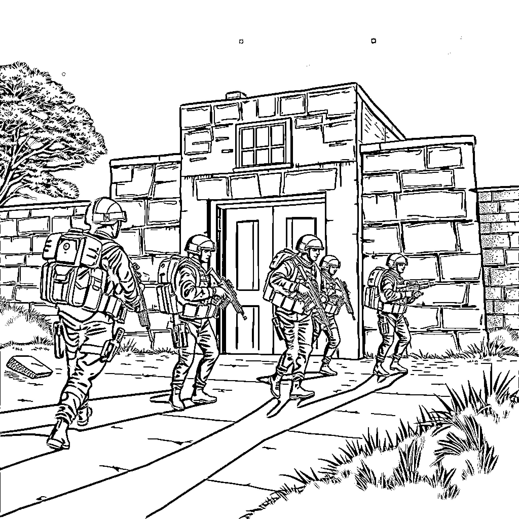 Navy SEAL Team Storming a Building Coloring Page (free black-and-white line drawing printable PDF for all, from beginners to advanced learners, including children, teens, adults, and seniors)