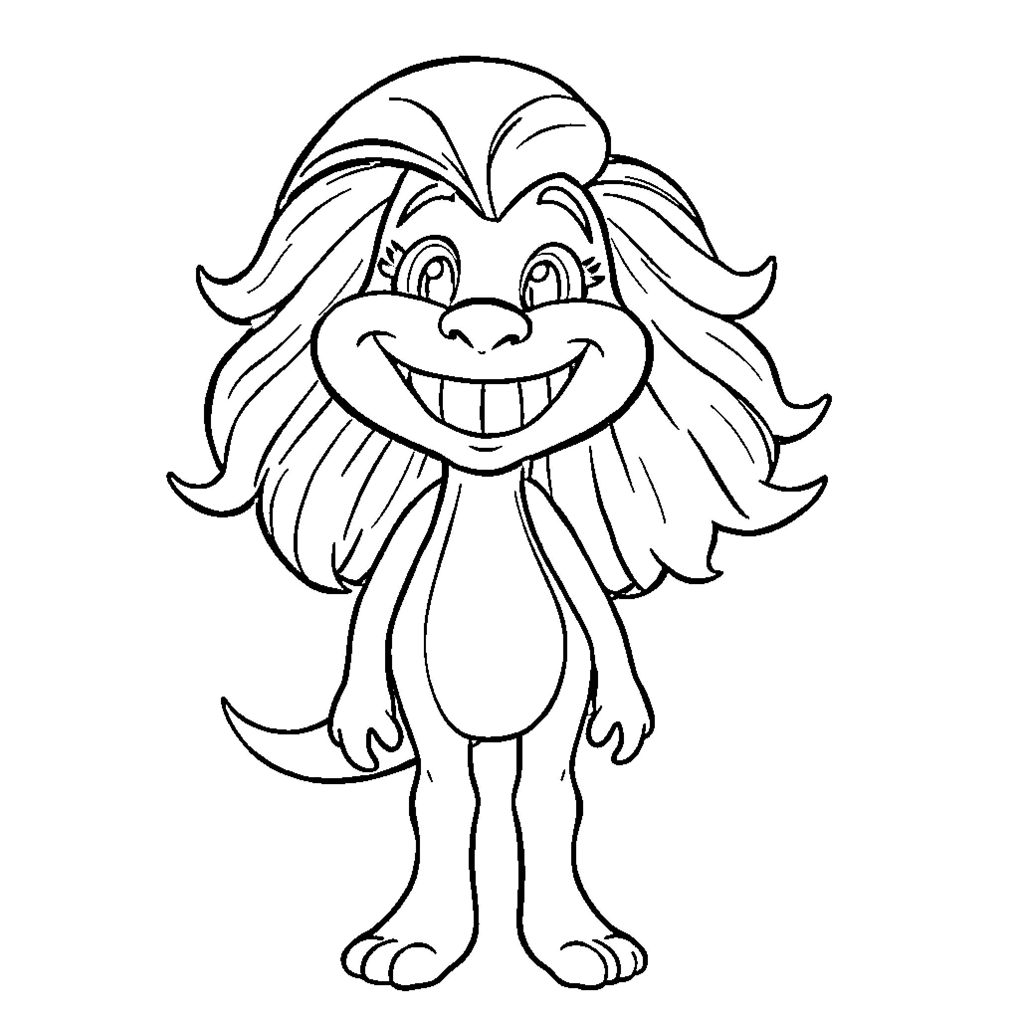 Hermine, the smiling troll with flowing hair Coloring Page (free black-and-white line drawing printable PDF for all, from beginners to advanced learners, including children, teens, adults, and seniors)